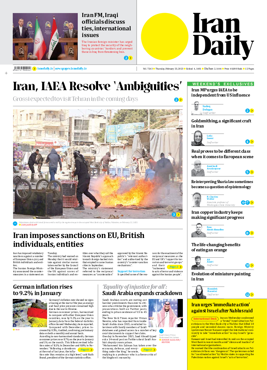 Iran Daily - Number Seven Thousand Two Hundred and Forty Three - 22 February 2023 - Page 1