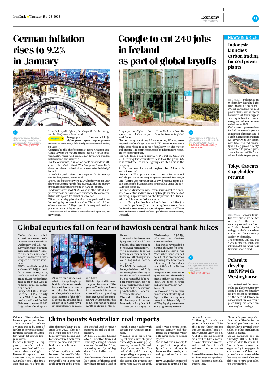 Iran Daily - Number Seven Thousand Two Hundred and Forty Three - 22 February 2023 - Page 9