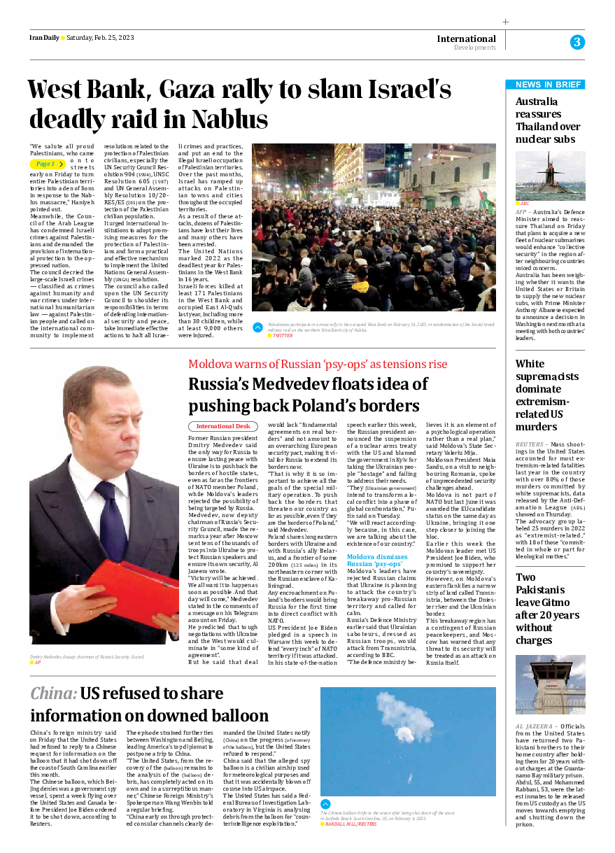 Iran Daily - Number Seven Thousand Two Hundred and Forty Four - 24 February 2023 - Page 3