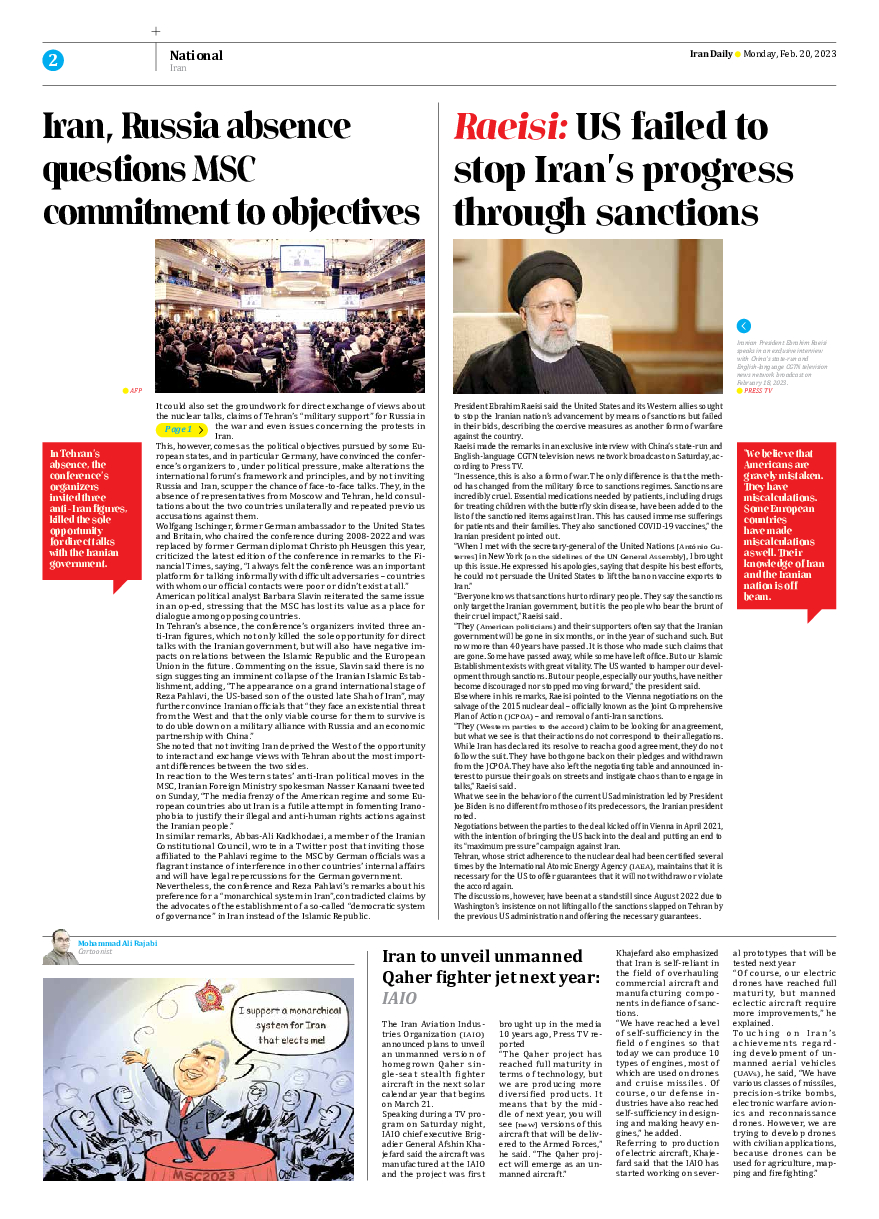 Iran Daily - Number Seven Thousand Two Hundred and Forty - 19 February 2023 - Page 2