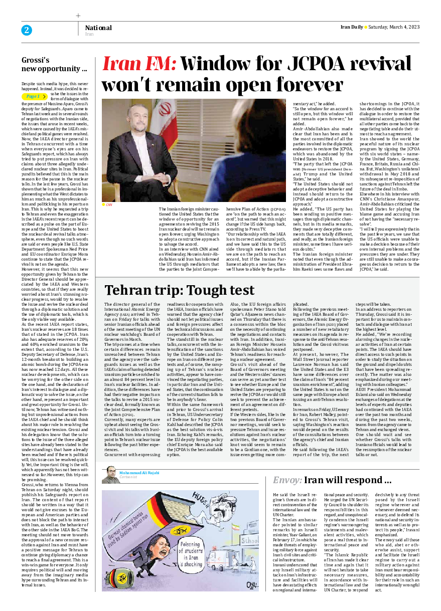 Iran Daily - Number Seven Thousand Two Hundred and Fifty - 04 March 2023 - Page 2