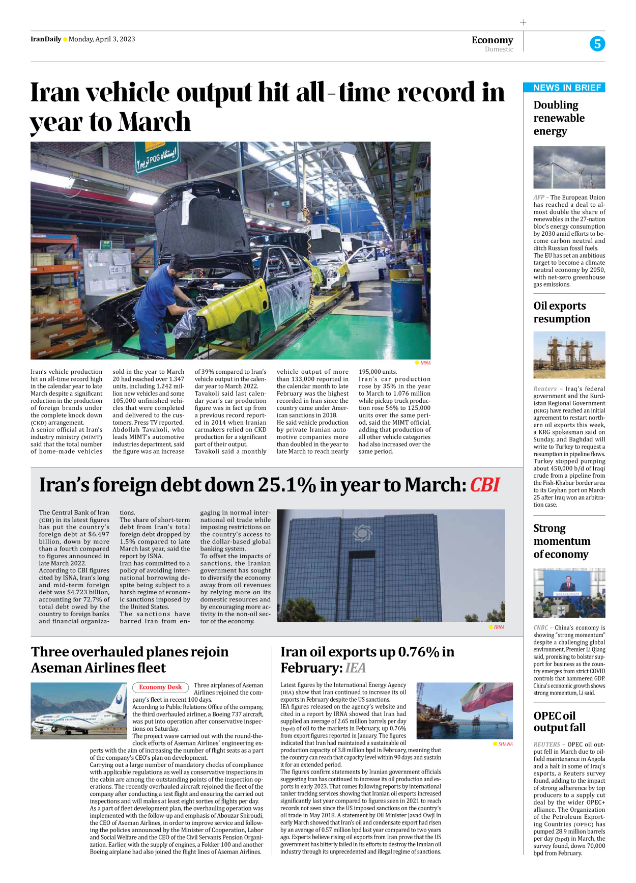 Iran Daily - Number Seven Thousand Two Hundred and Sixty - 03 April 2023 - Page 5