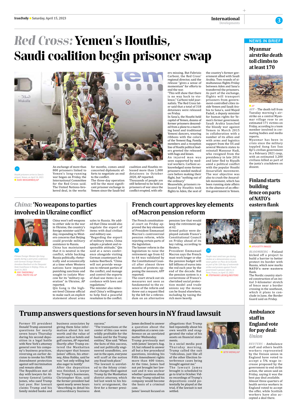 Iran Daily - Number Seven Thousand Two Hundred and Sixty Eight - 15 April 2023 - Page 3