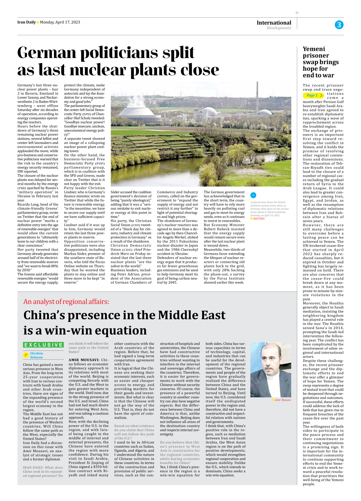 Iran Daily - Number Seven Thousand Two Hundred and Seventy - 17 April 2023 - Page 3