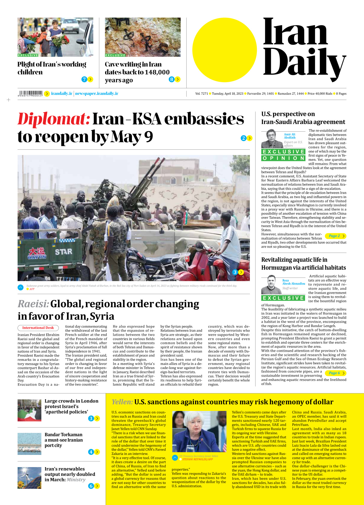 Iran Daily - Number Seven Thousand Two Hundred and Seventy One - 18 April 2023