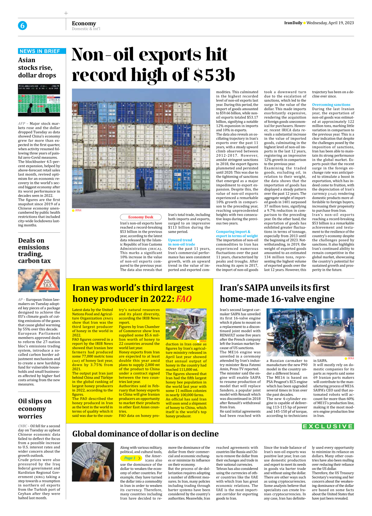 Iran Daily - Number Seven Thousand Two Hundred and Seventy Two - 19 April 2023 - Page 6