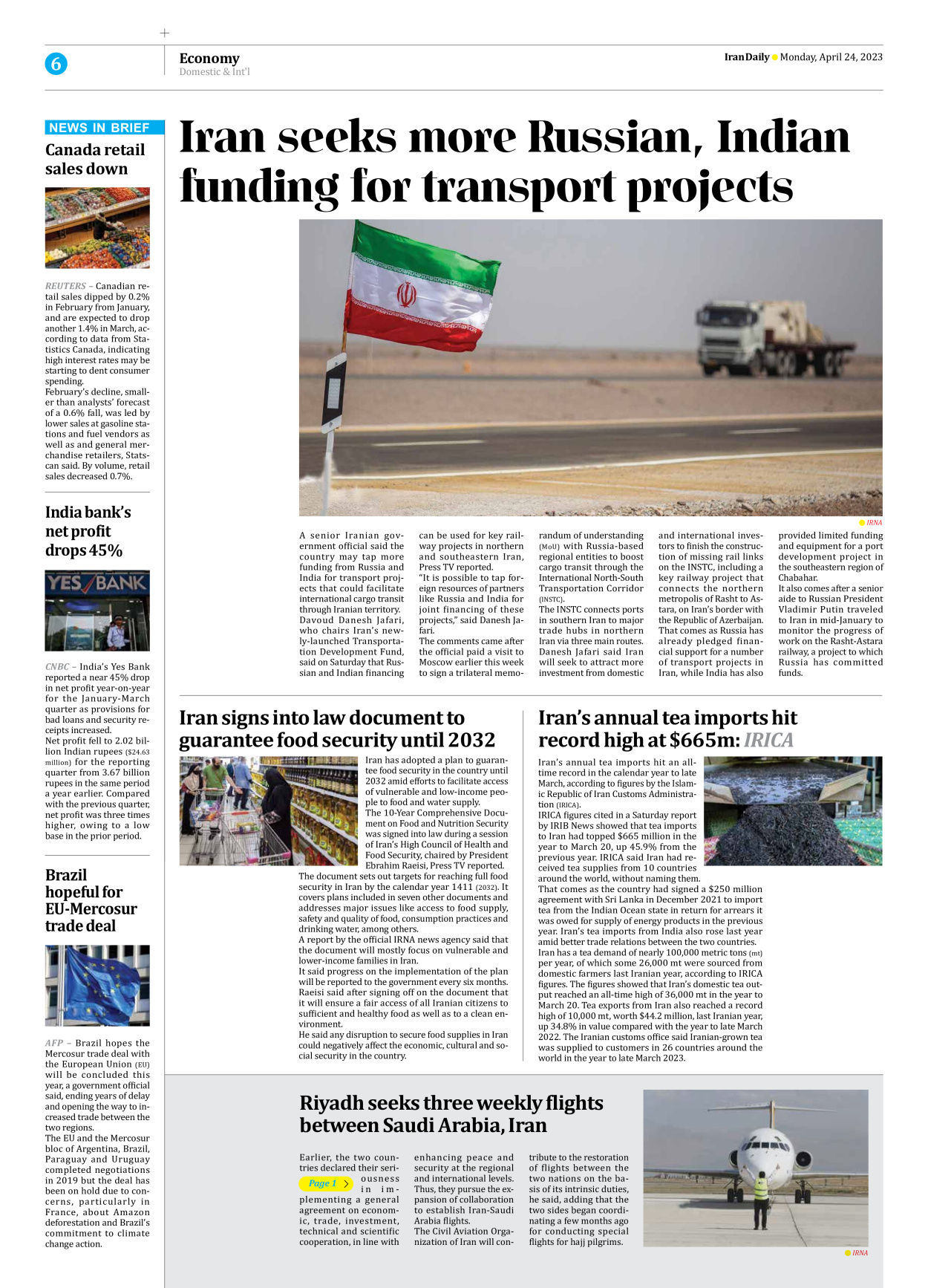Iran Daily - Number Seven Thousand Two Hundred and Seventy Four - 24 April 2023 - Page 6