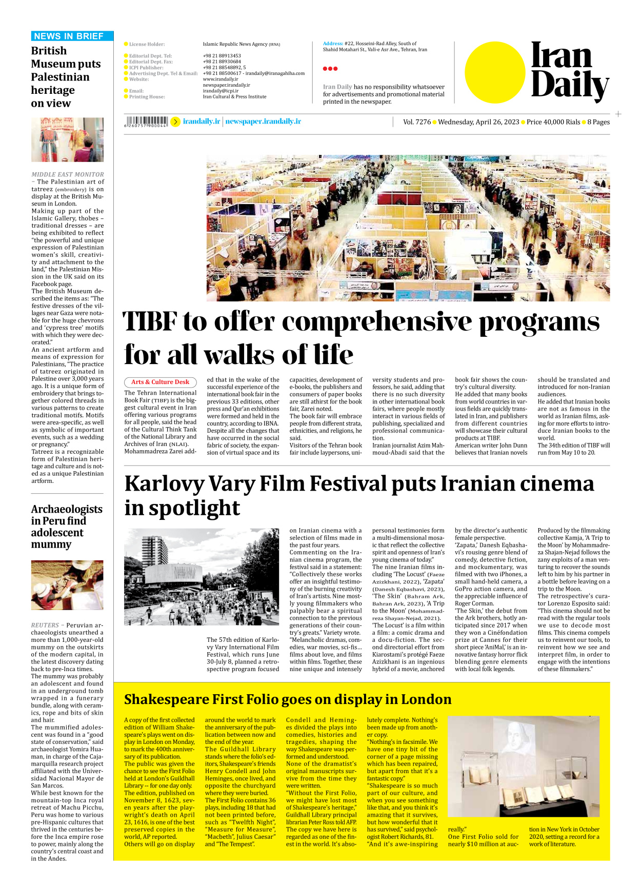 Iran Daily - Number Seven Thousand Two Hundred and Seventy Six - 26 April 2023 - Page 8