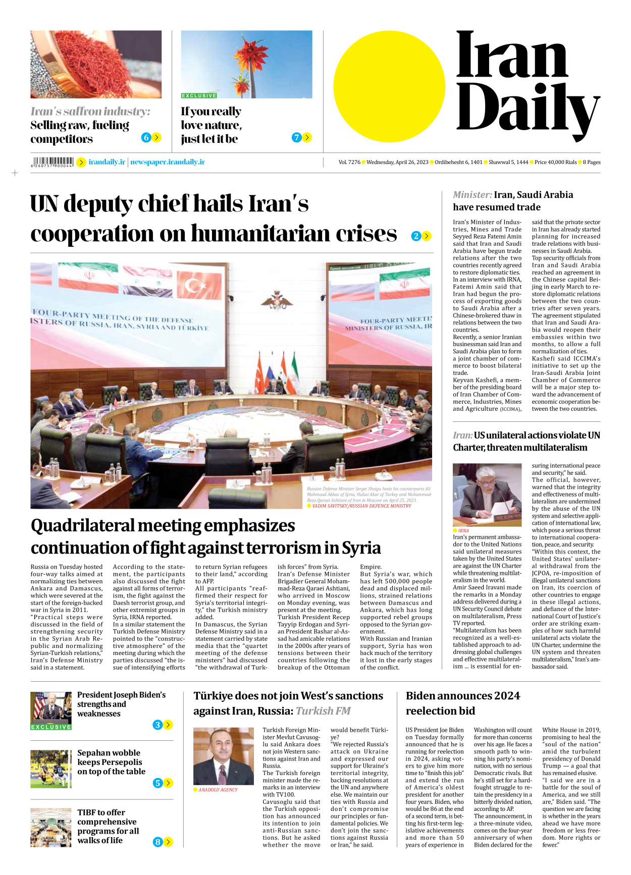 Iran Daily - Number Seven Thousand Two Hundred and Seventy Six - 26 April 2023