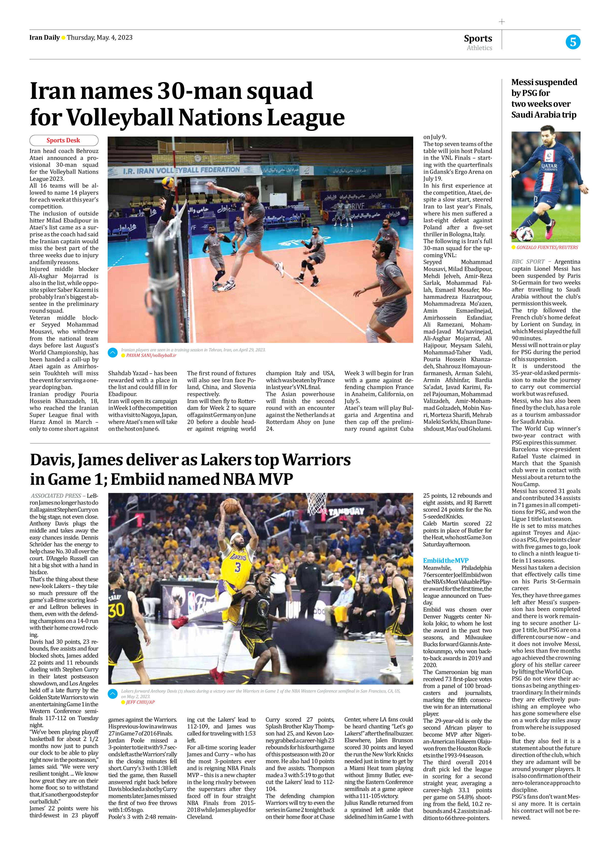 Iran Daily - Number Seven Thousand Two Hundred and Eighty Three - 04 May 2023 - Page 5