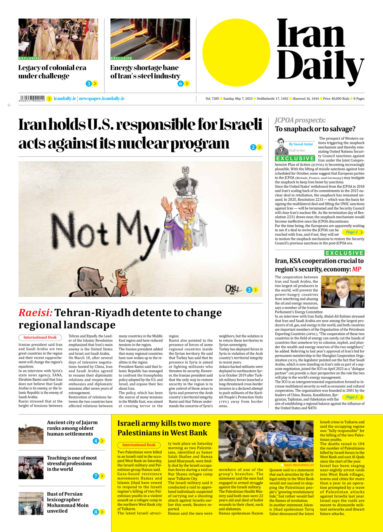 Iran Daily - Number Seven Thousand Two Hundred and Eighty Five - 07 May 2023