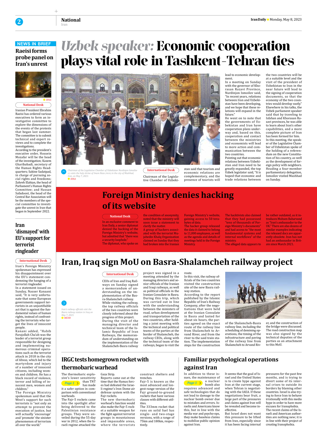 Iran Daily - Number Seven Thousand Two Hundred and Eighty Six - 08 May 2023 - Page 2