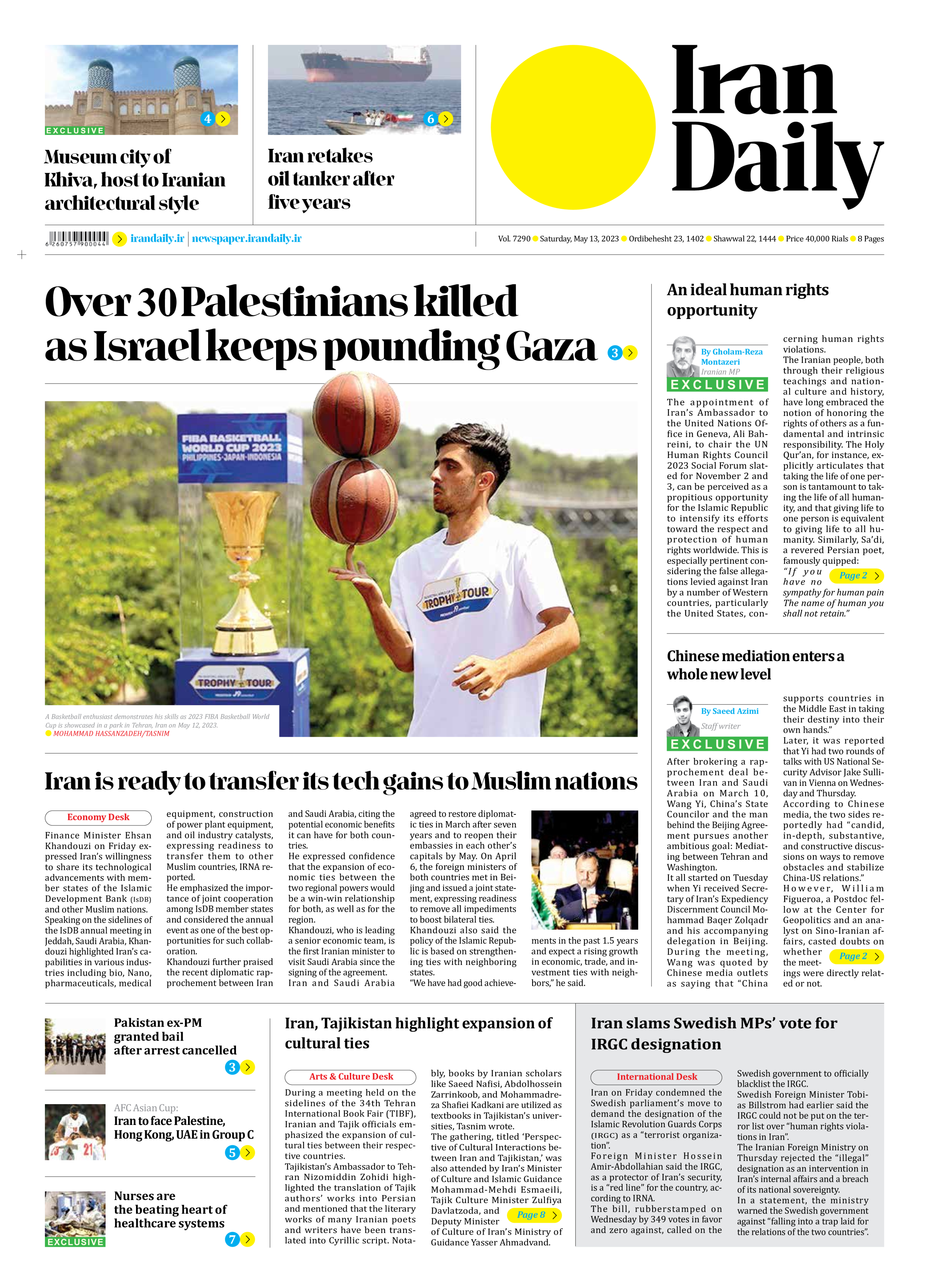 Iran Daily - Number Seven Thousand Two Hundred and Ninety - 13 May 2023 - Page 1