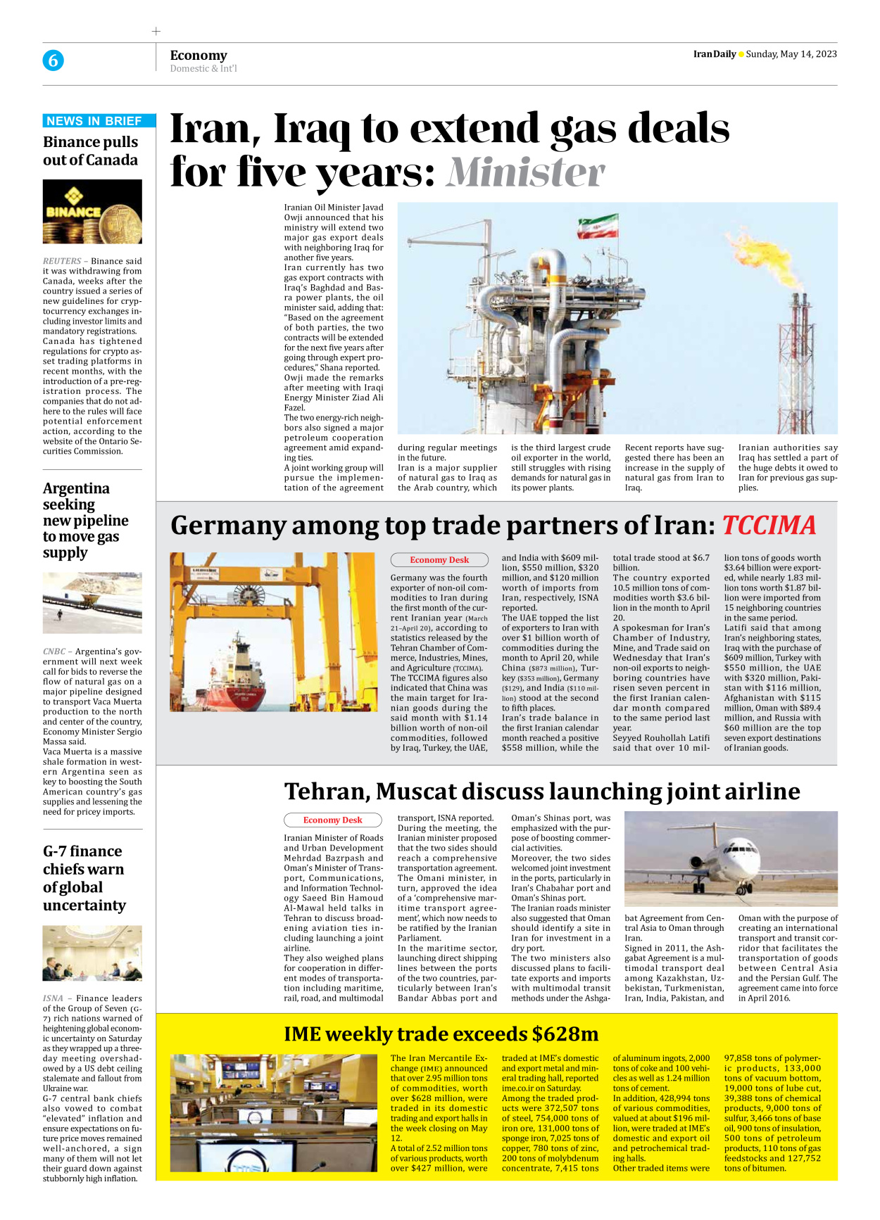 Iran Daily - Number Seven Thousand Two Hundred and Ninety One - 14 May 2023 - Page 6