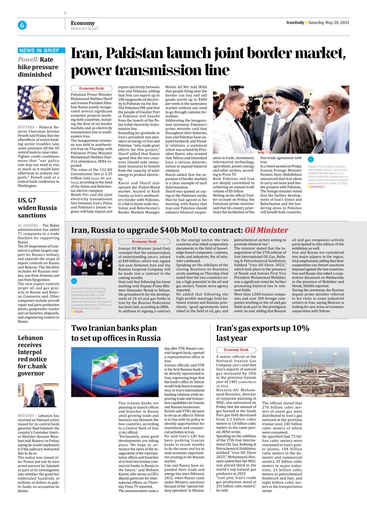 Iran Daily - Number Seven Thousand Two Hundred and Ninety Five - 20 May 2023 - Page 6