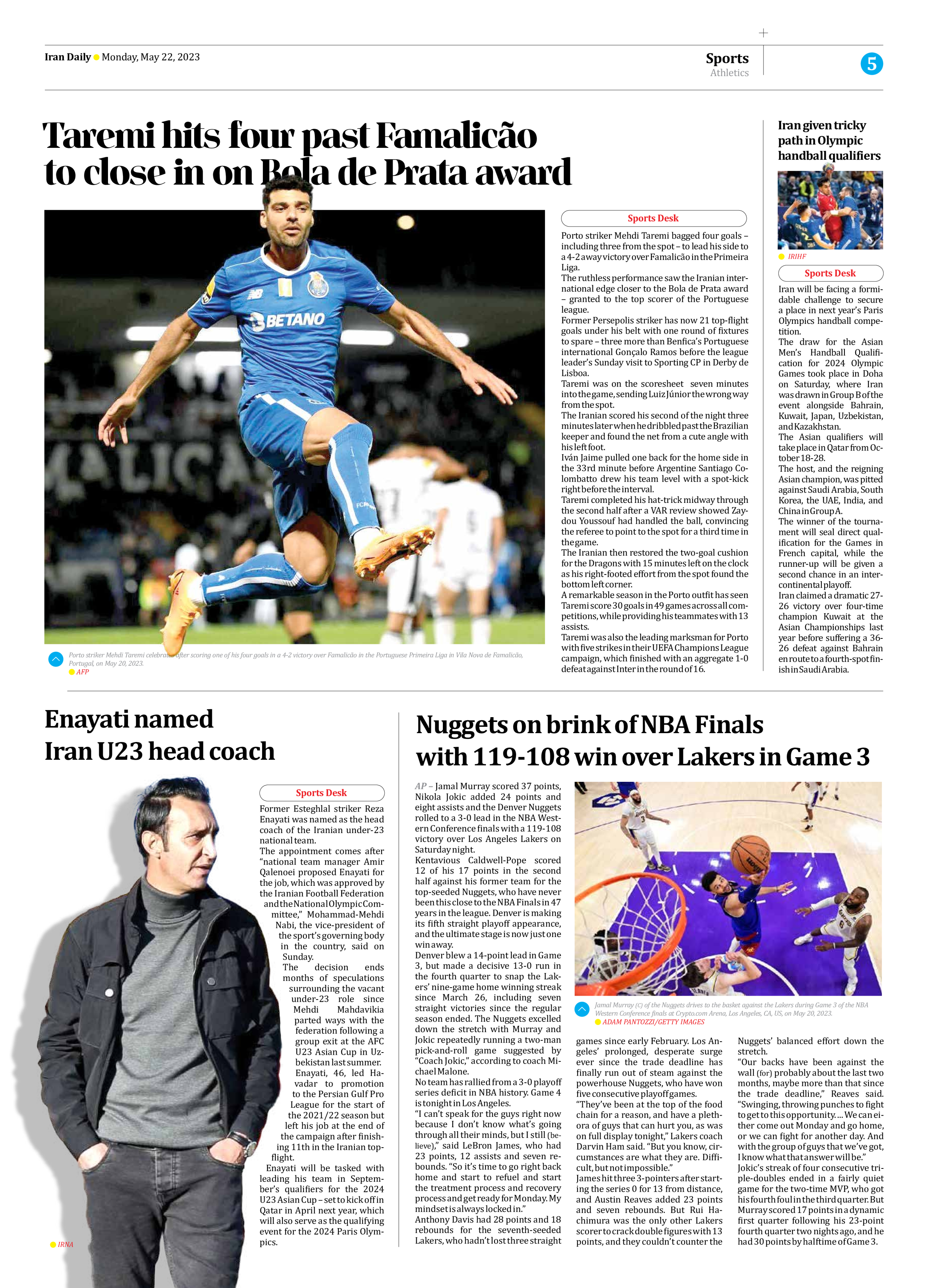 Iran Daily - Number Seven Thousand Two Hundred and Ninety Seven - 22 May 2023 - Page 5