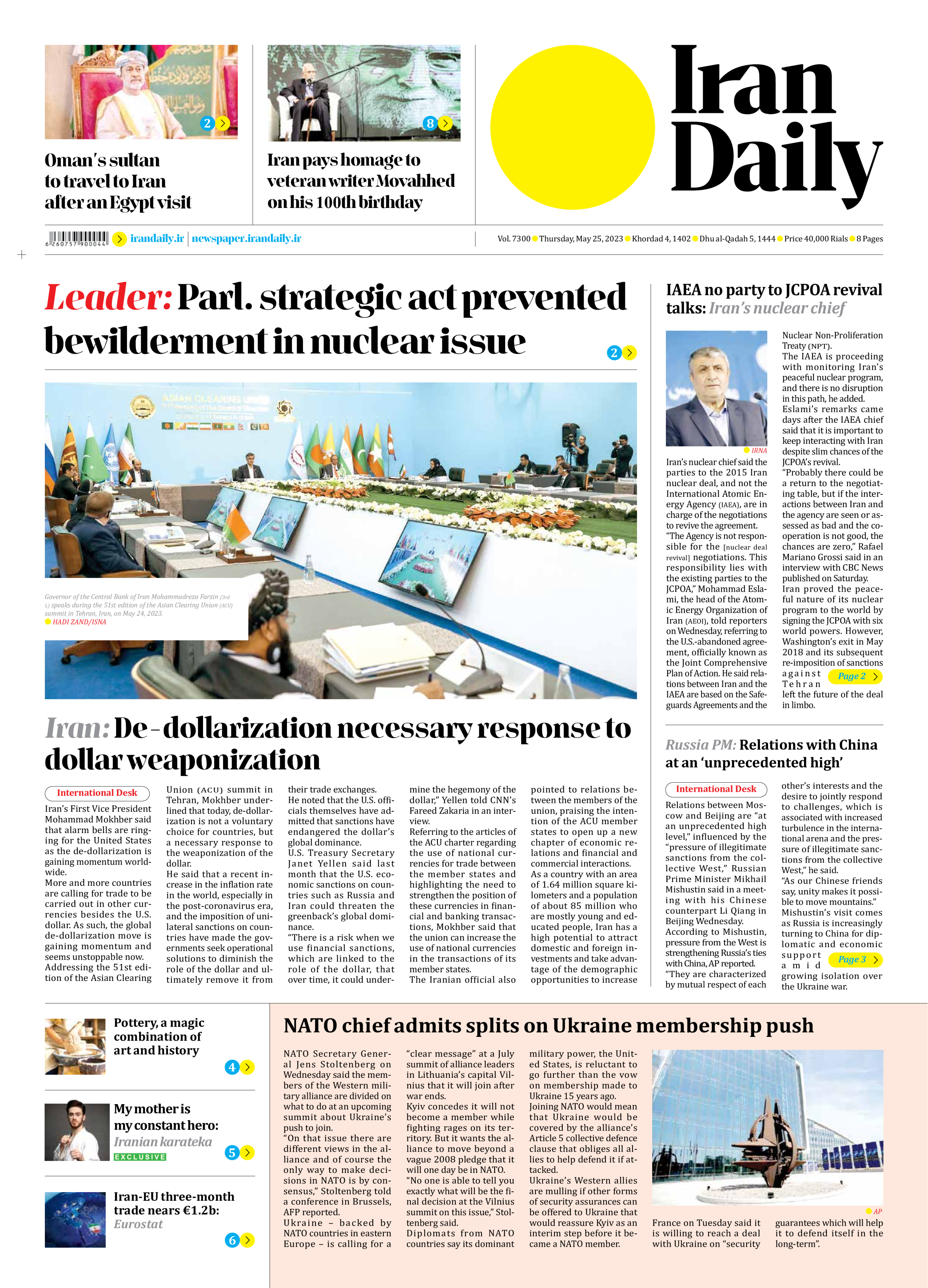 Iran Daily - Number Seven Thousand Three Hundred - 25 May 2023 - Page 1