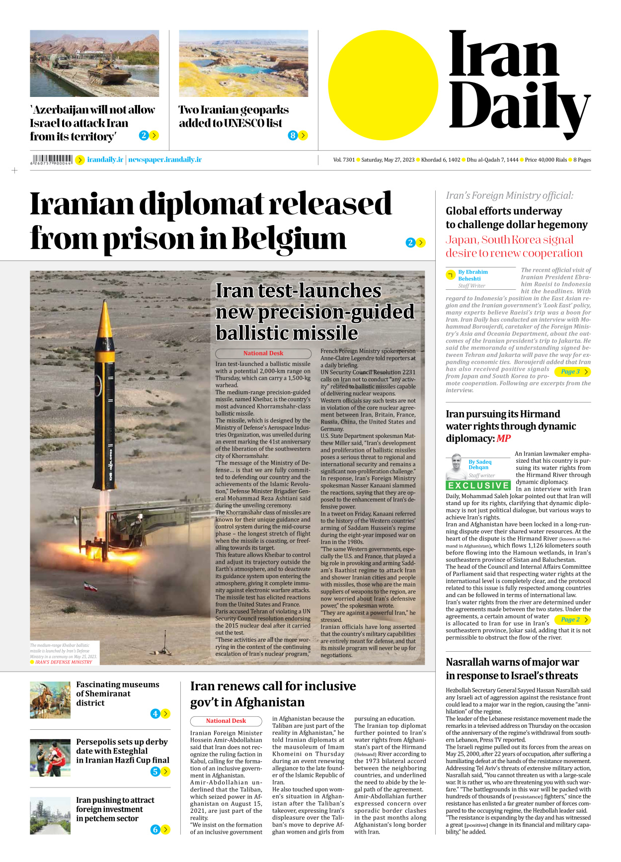 Iran Daily - Number Seven Thousand Three Hundred and One - 27 May 2023