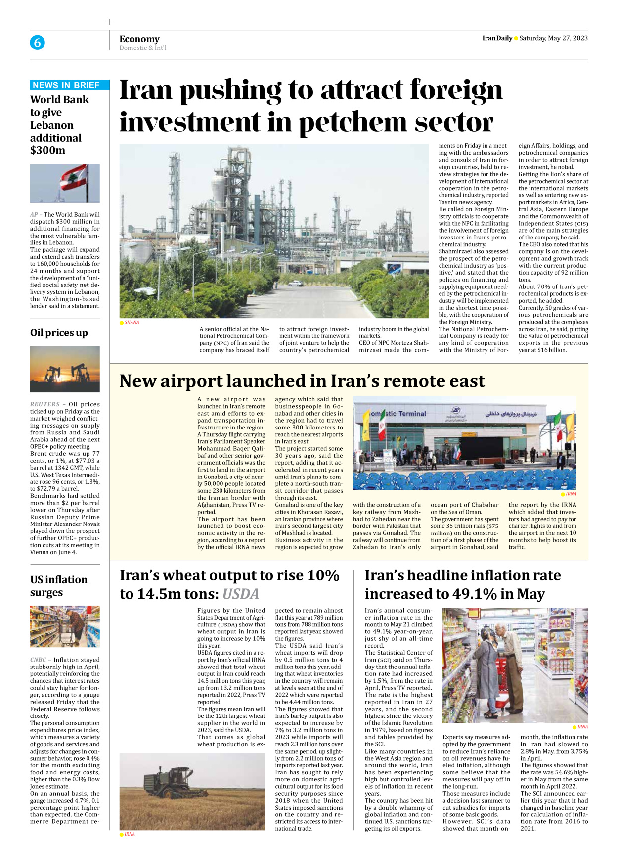 Iran Daily - Number Seven Thousand Three Hundred and One - 27 May 2023 - Page 6