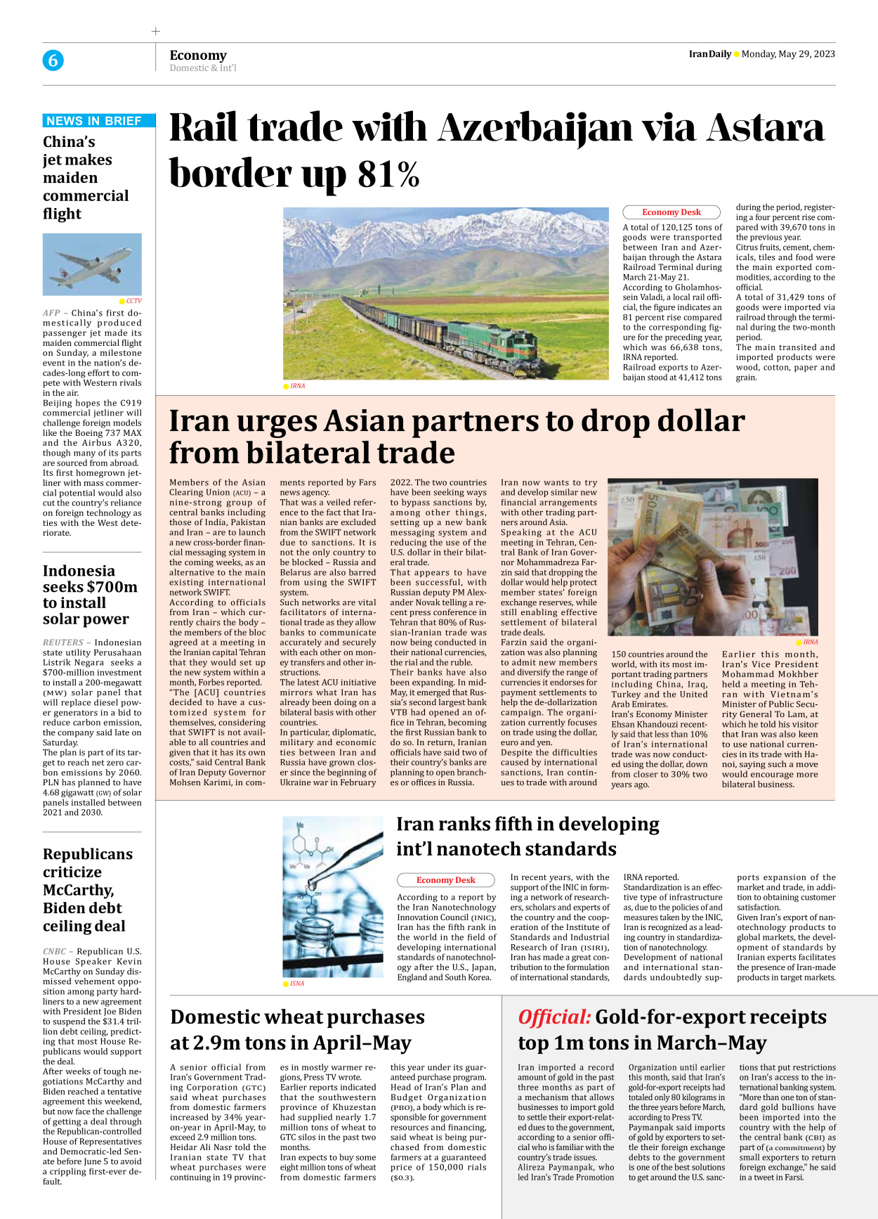Iran Daily - Number Seven Thousand Three Hundred and Three - 29 May 2023 - Page 6