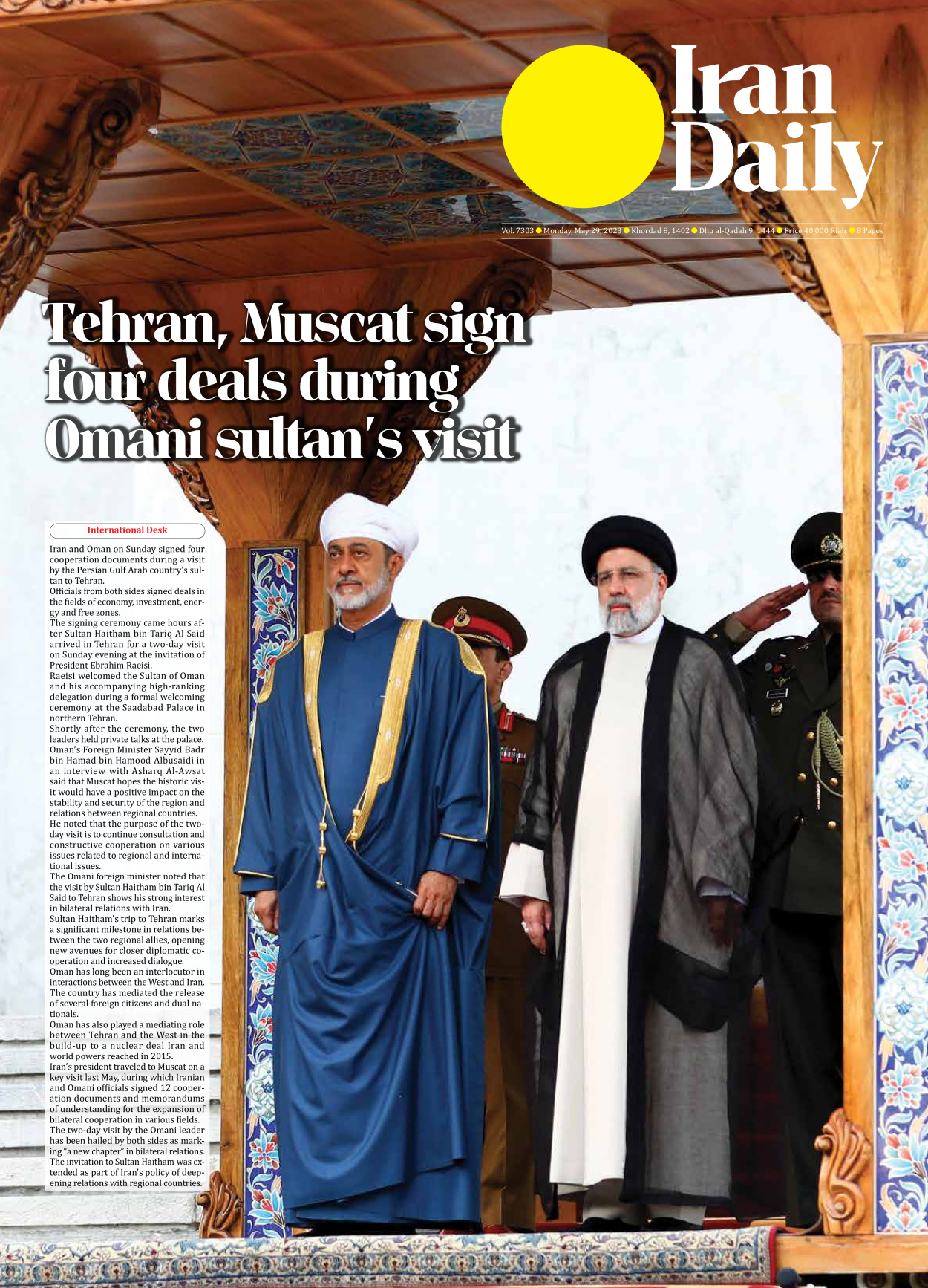 Iran Daily - Number Seven Thousand Three Hundred and Three - 29 May 2023