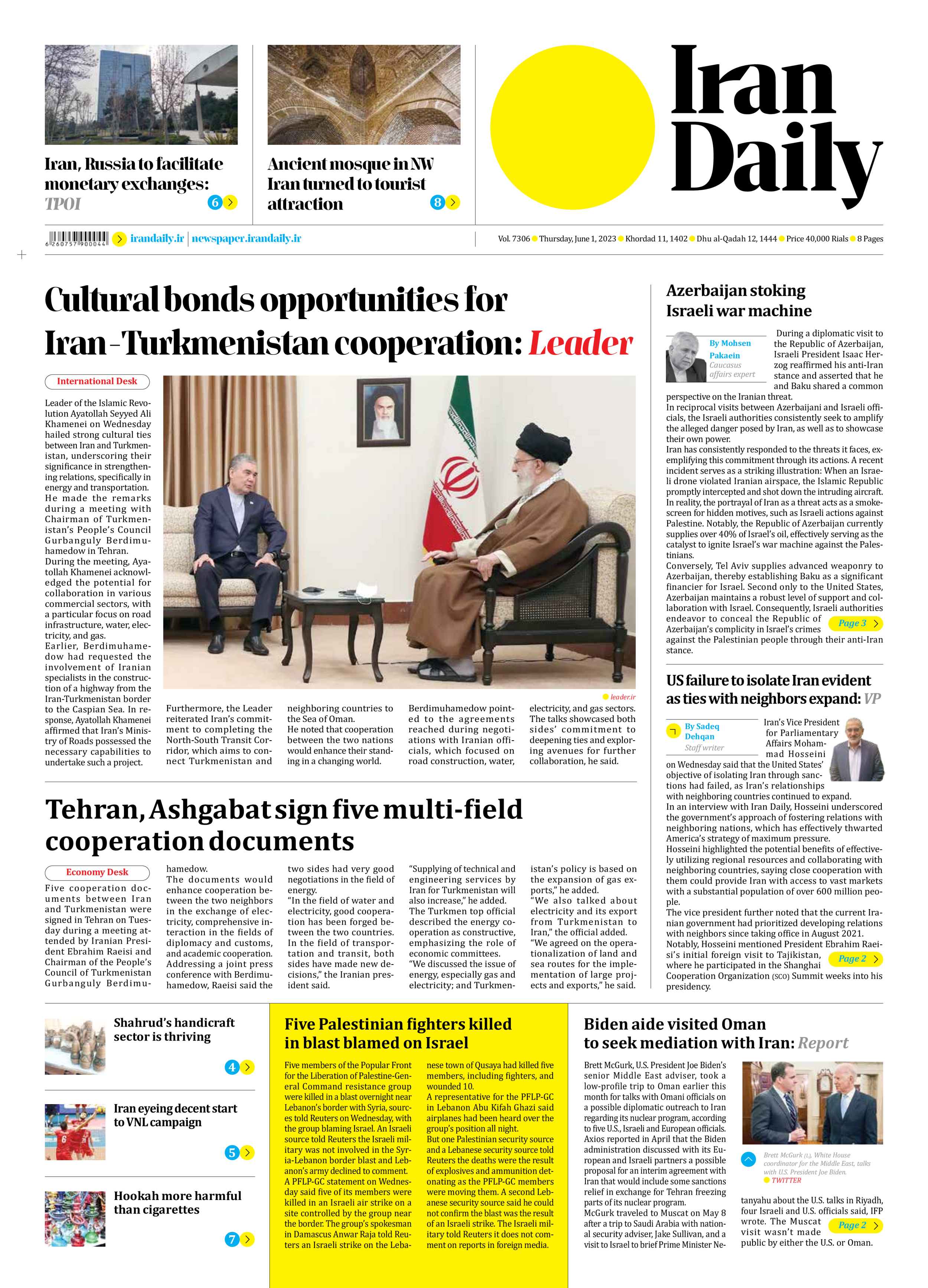 Iran Daily - Number Seven Thousand Three Hundred and Six - 01 June 2023 - Page 1