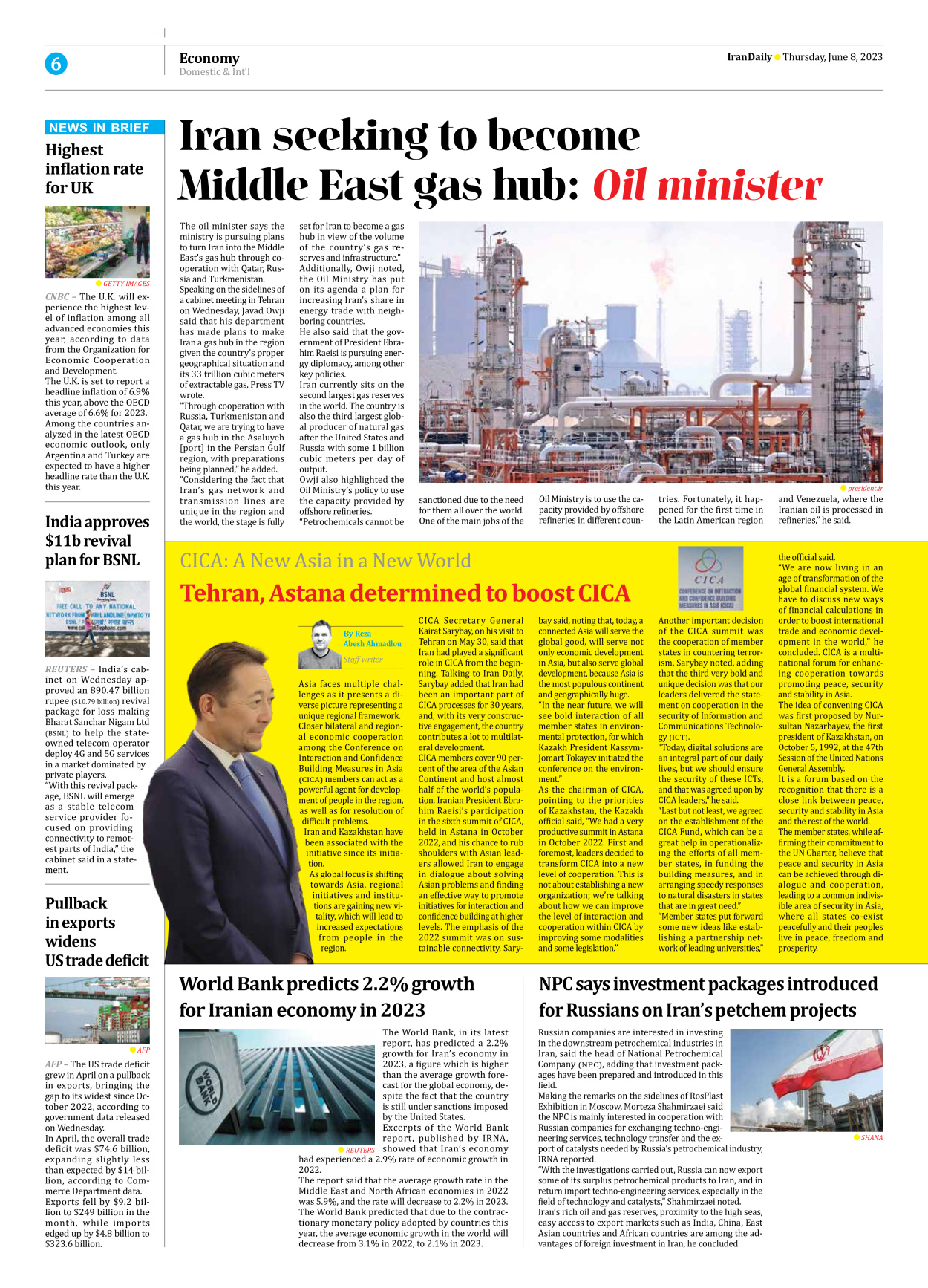 Iran Daily - Number Seven Thousand Three Hundred and Nine - 08 June 2023 - Page 6