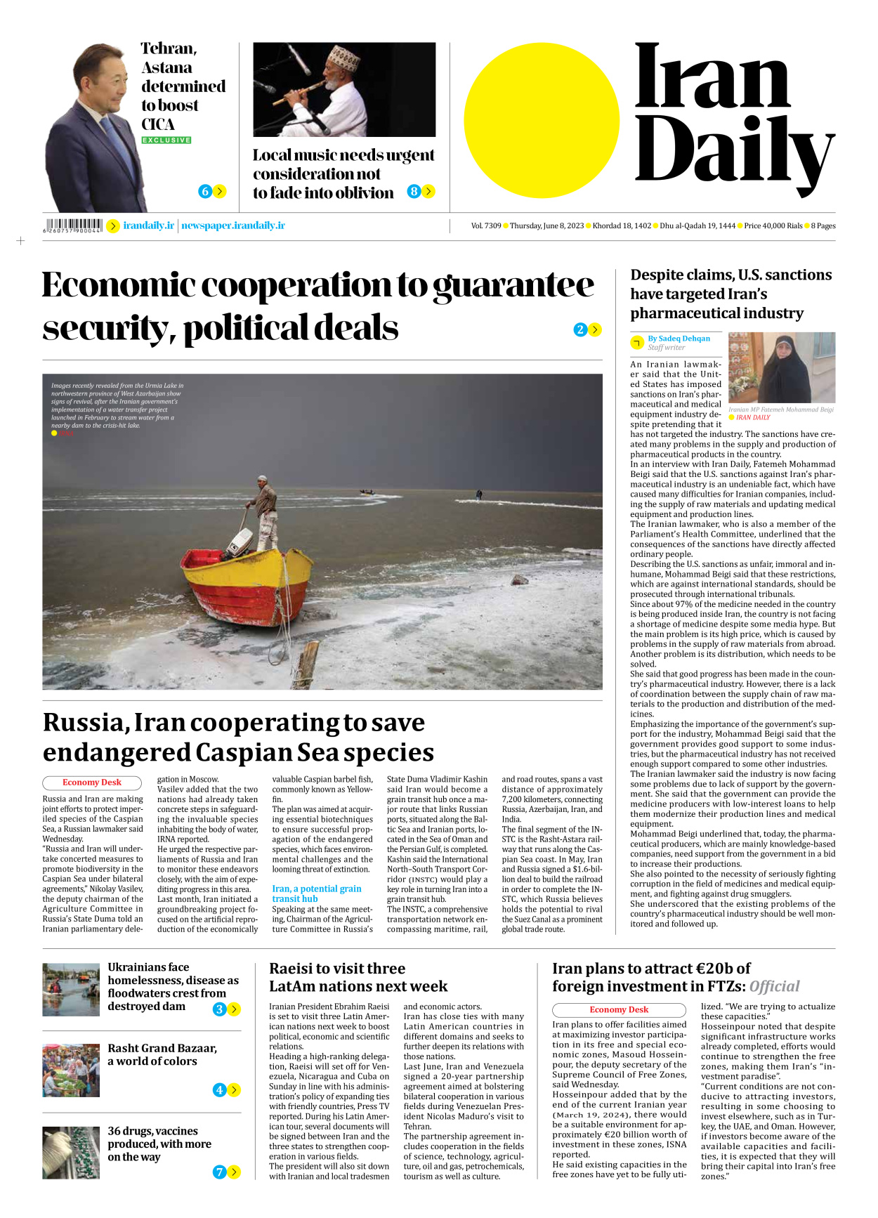 Iran Daily - Number Seven Thousand Three Hundred and Nine - 08 June 2023 - Page 1