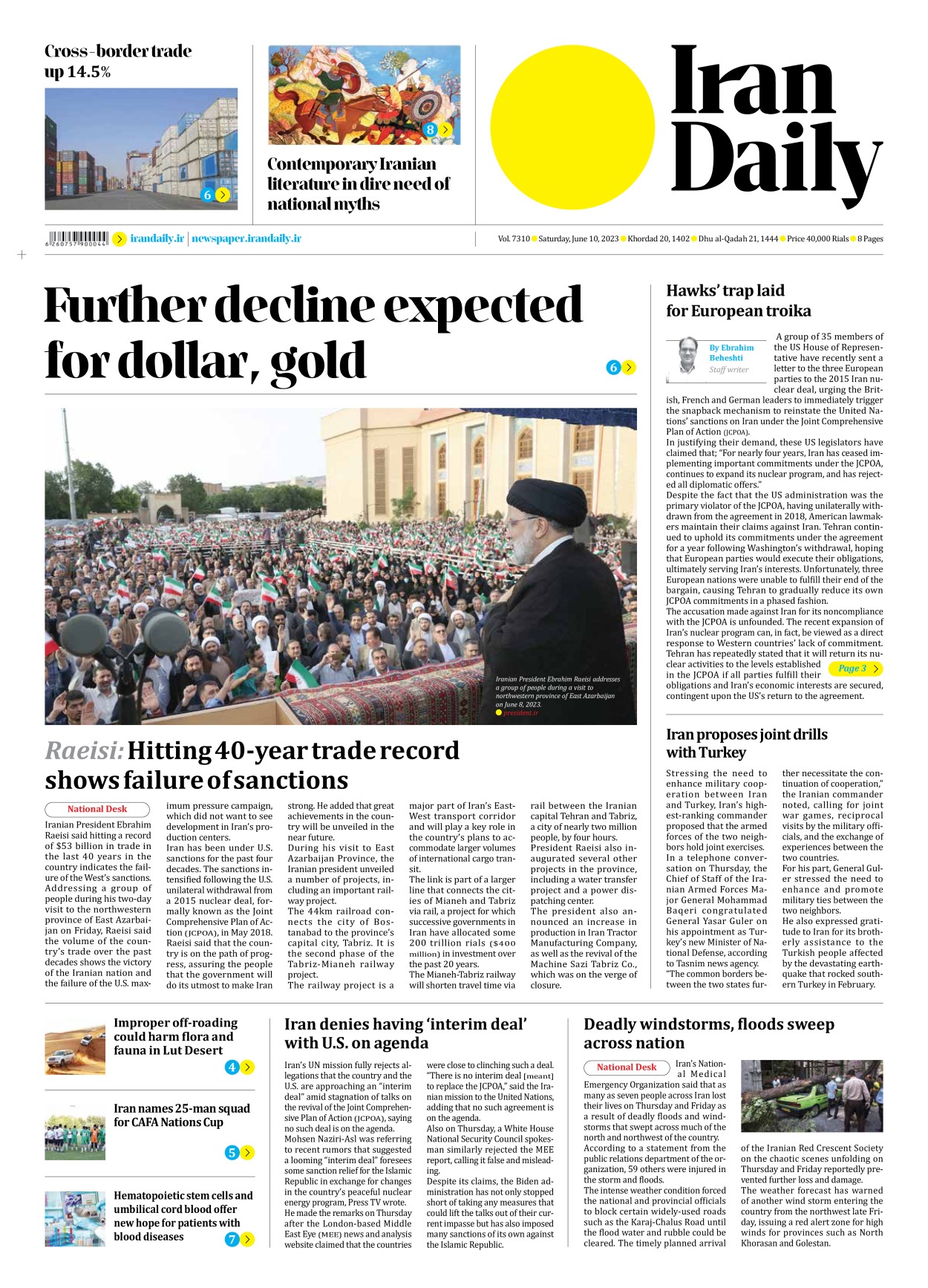Iran Daily - Number Seven Thousand Three Hundred and Ten - 10 June 2023 - Page 1