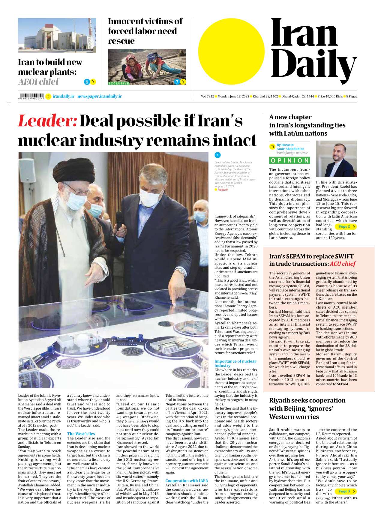 Iran Daily - Number Seven Thousand Three Hundred and Twelve - 12 June 2023