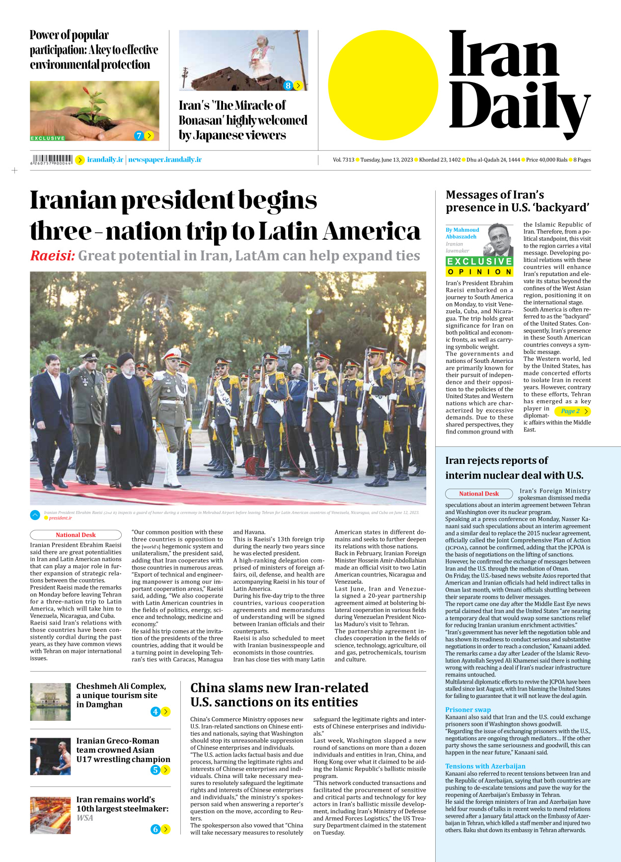 Iran Daily - Number Seven Thousand Three Hundred and Thirteen - 13 June 2023 - Page 1