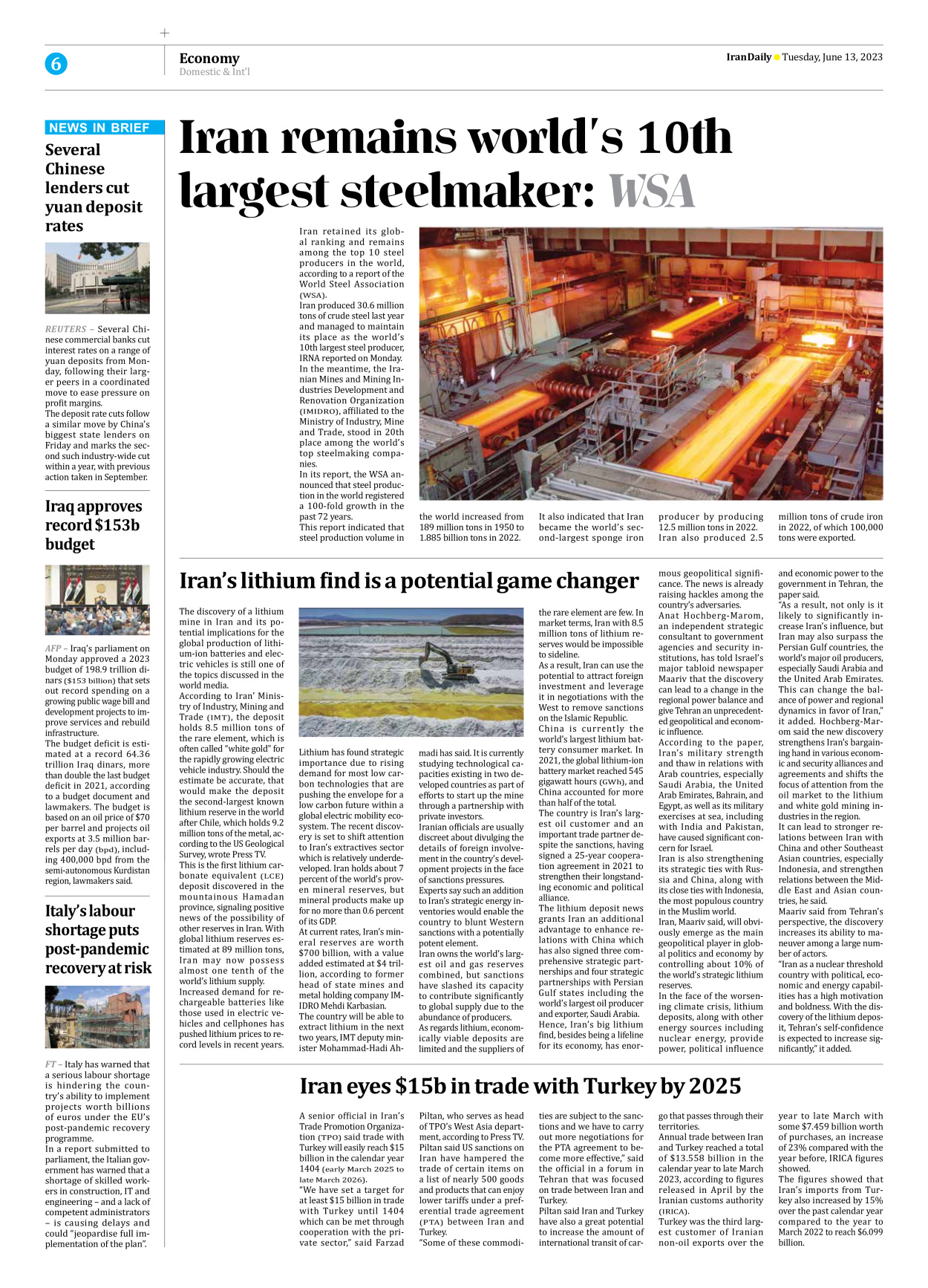 Iran Daily - Number Seven Thousand Three Hundred and Thirteen - 13 June 2023 - Page 6