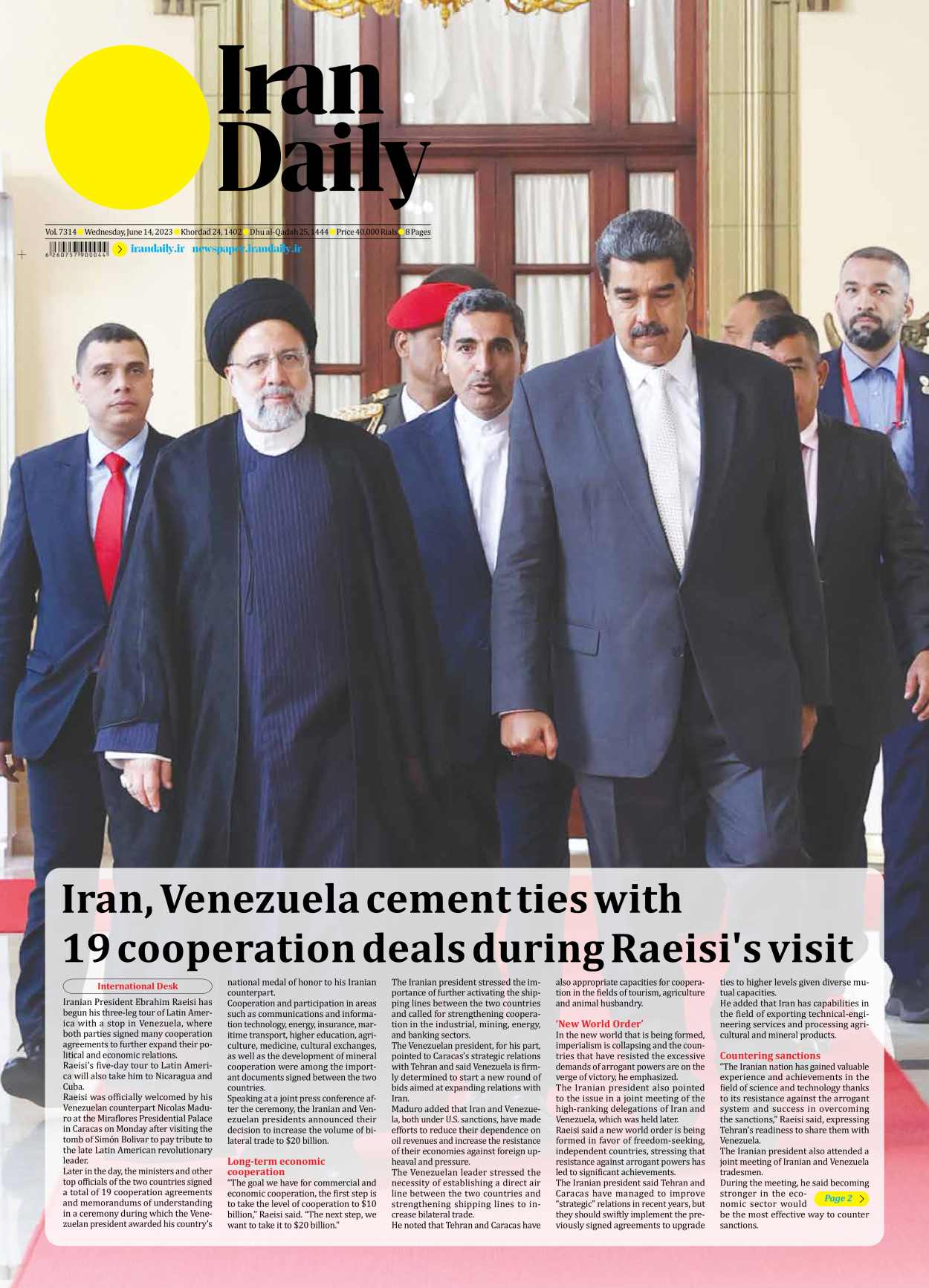 Iran Daily - Number Seven Thousand Three Hundred and Fourteen - 14 June 2023