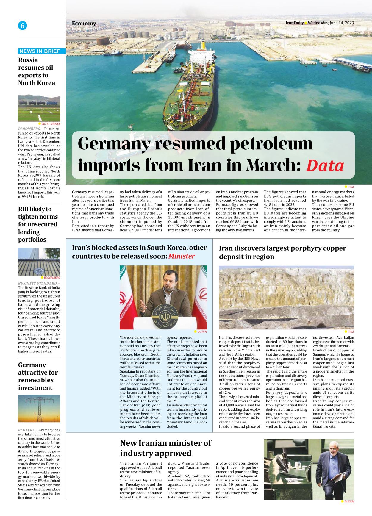 Iran Daily - Number Seven Thousand Three Hundred and Fourteen - 14 June 2023 - Page 6