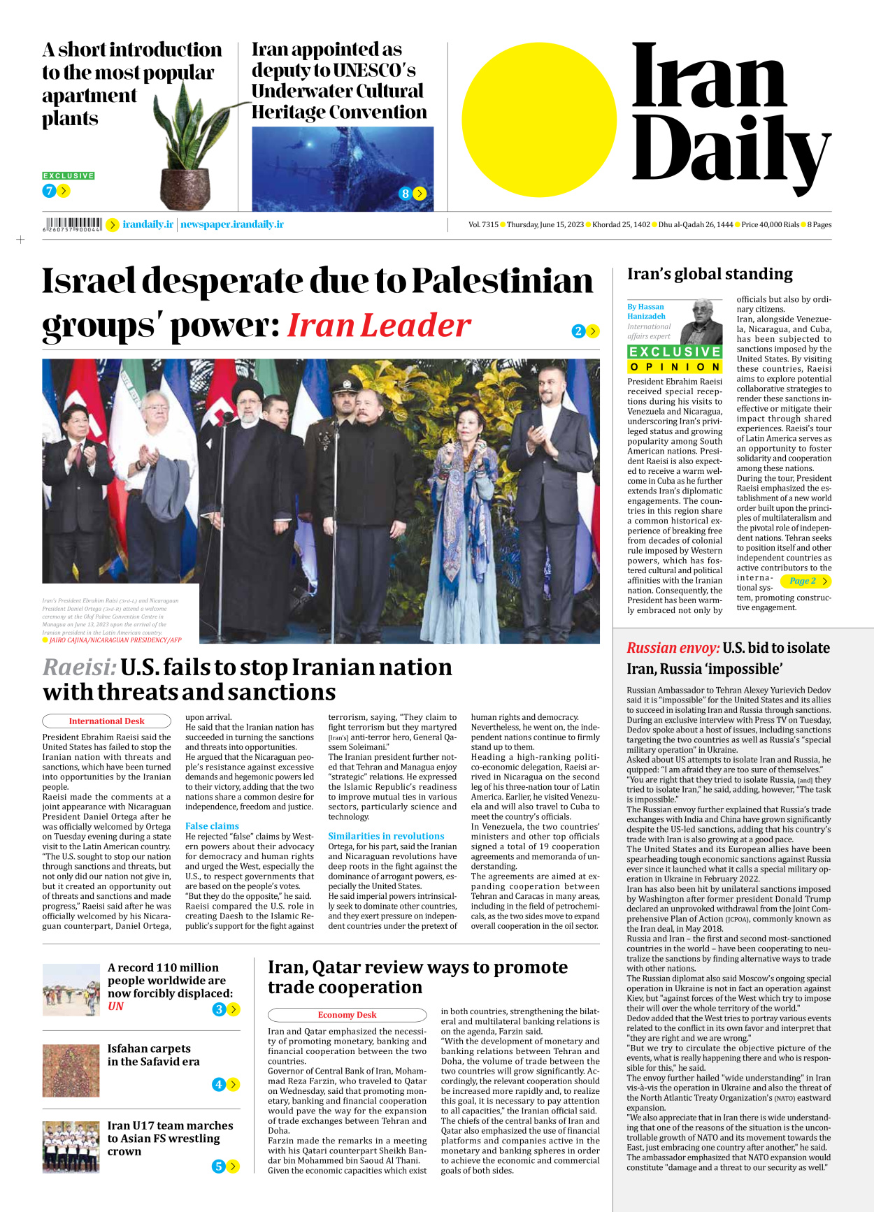 Iran Daily - Number Seven Thousand Three Hundred and Fifteen - 15 June 2023