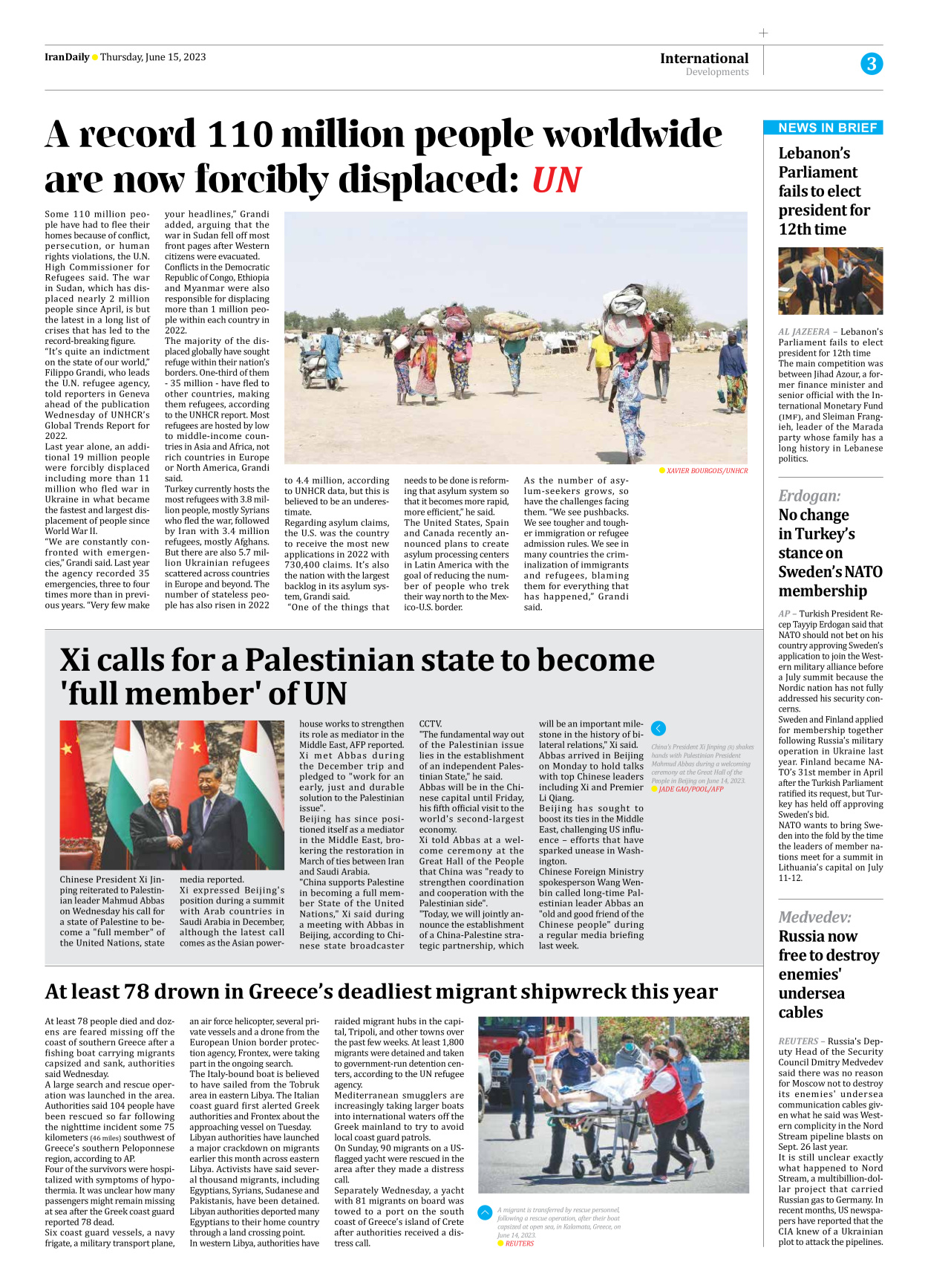 Iran Daily - Number Seven Thousand Three Hundred and Fifteen - 15 June 2023 - Page 3