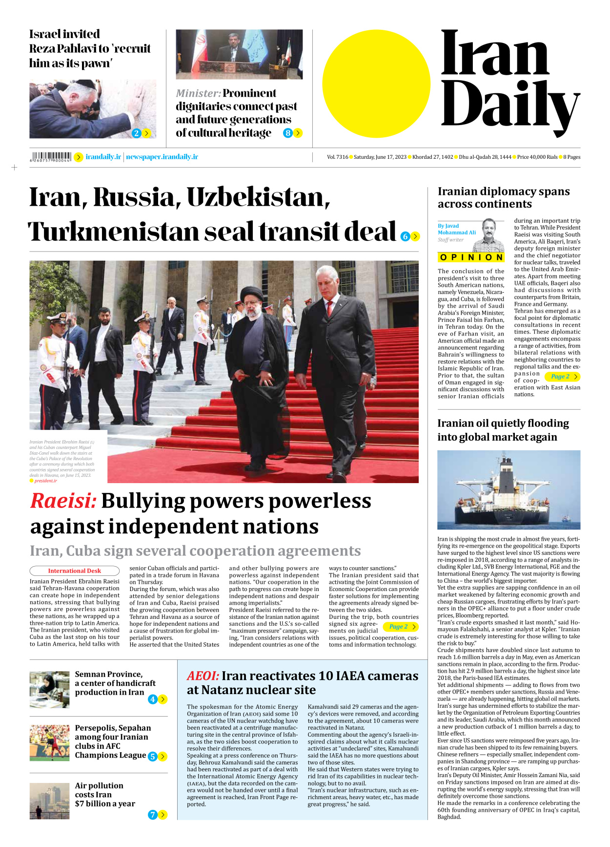 Iran Daily - Number Seven Thousand Three Hundred and Sixteen - 17 June 2023