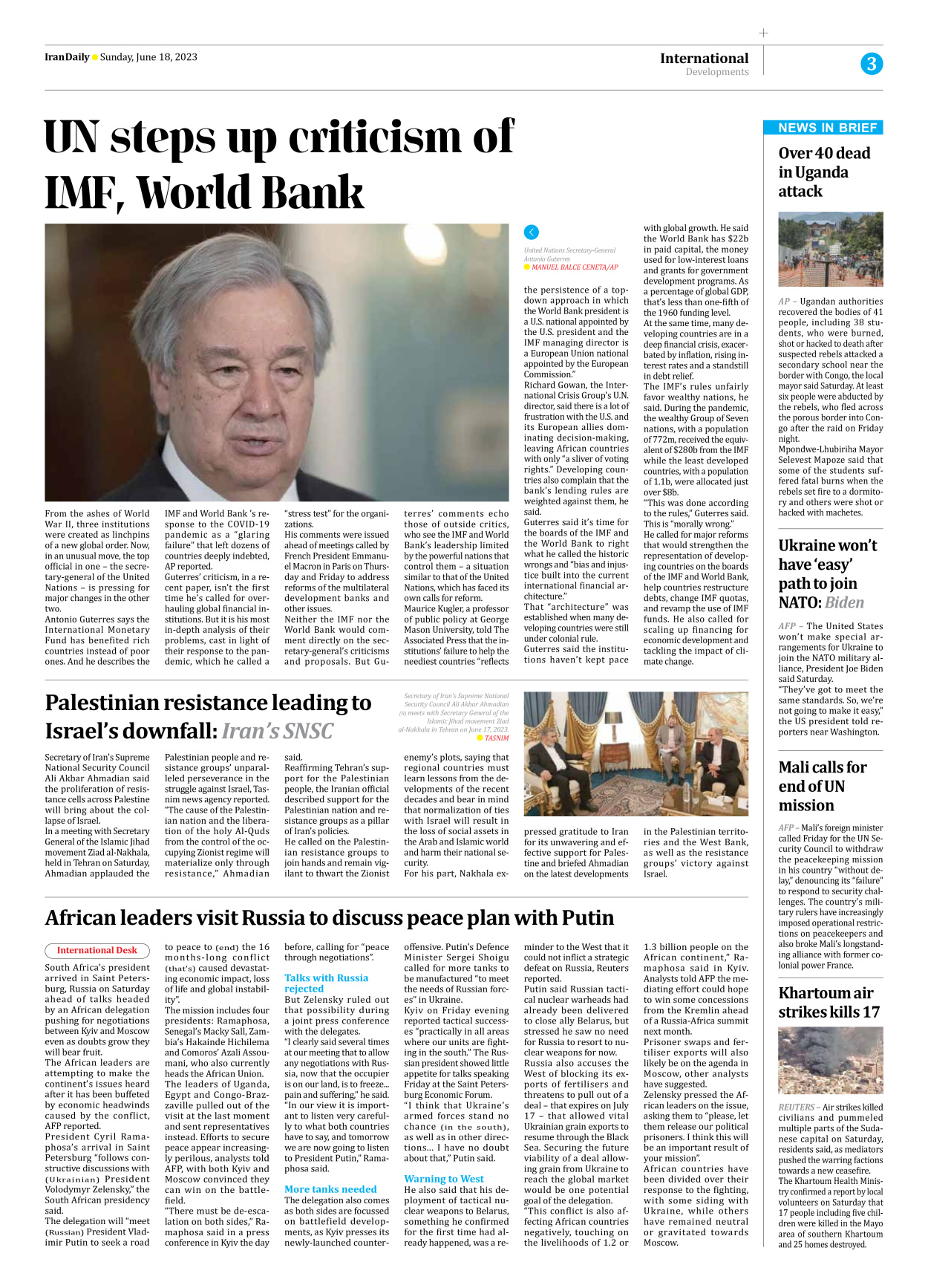 Iran Daily - Number Seven Thousand Three Hundred and Seventeen - 18 June 2023 - Page 3