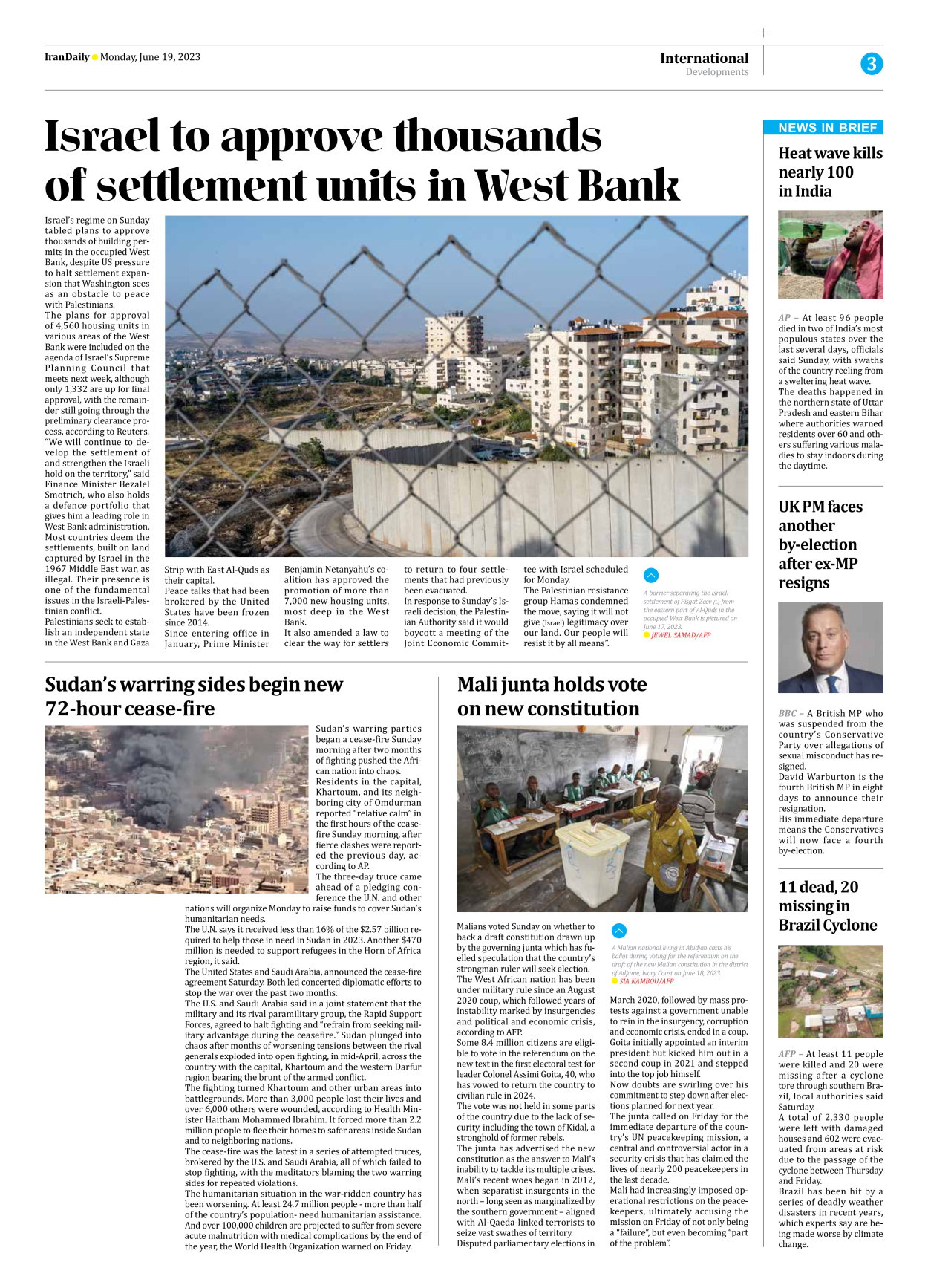 Iran Daily - Number Seven Thousand Three Hundred and Eighteen - 19 June 2023 - Page 3