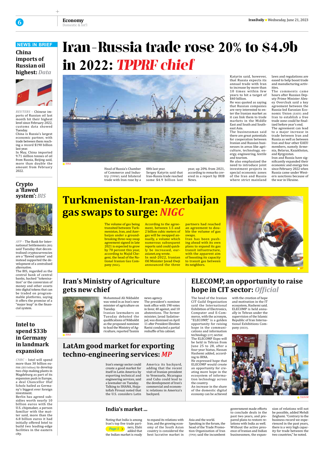 Iran Daily - Number Seven Thousand Three Hundred and Twenty - 21 June 2023 - Page 6