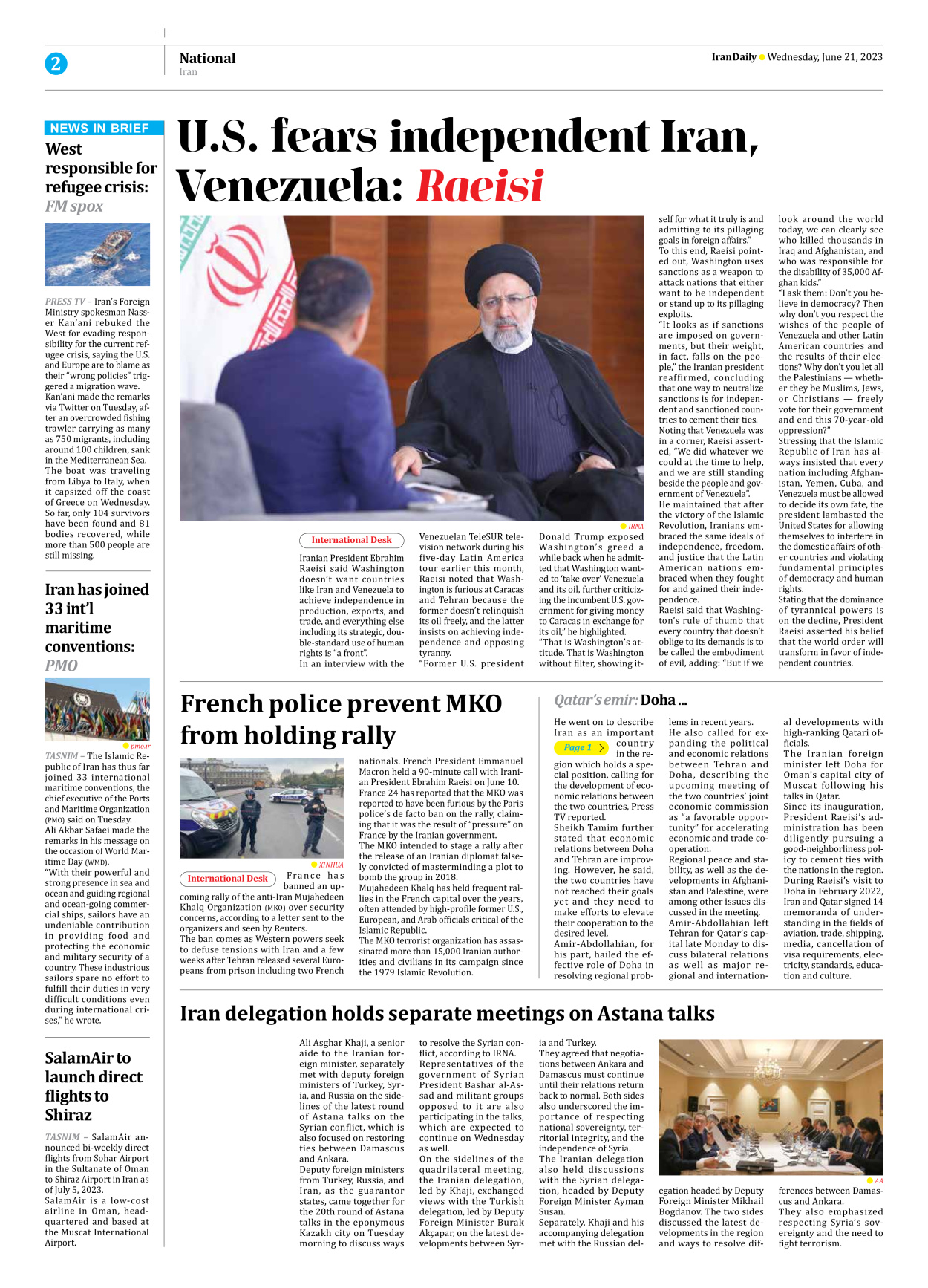 Iran Daily - Number Seven Thousand Three Hundred and Twenty - 21 June 2023 - Page 2