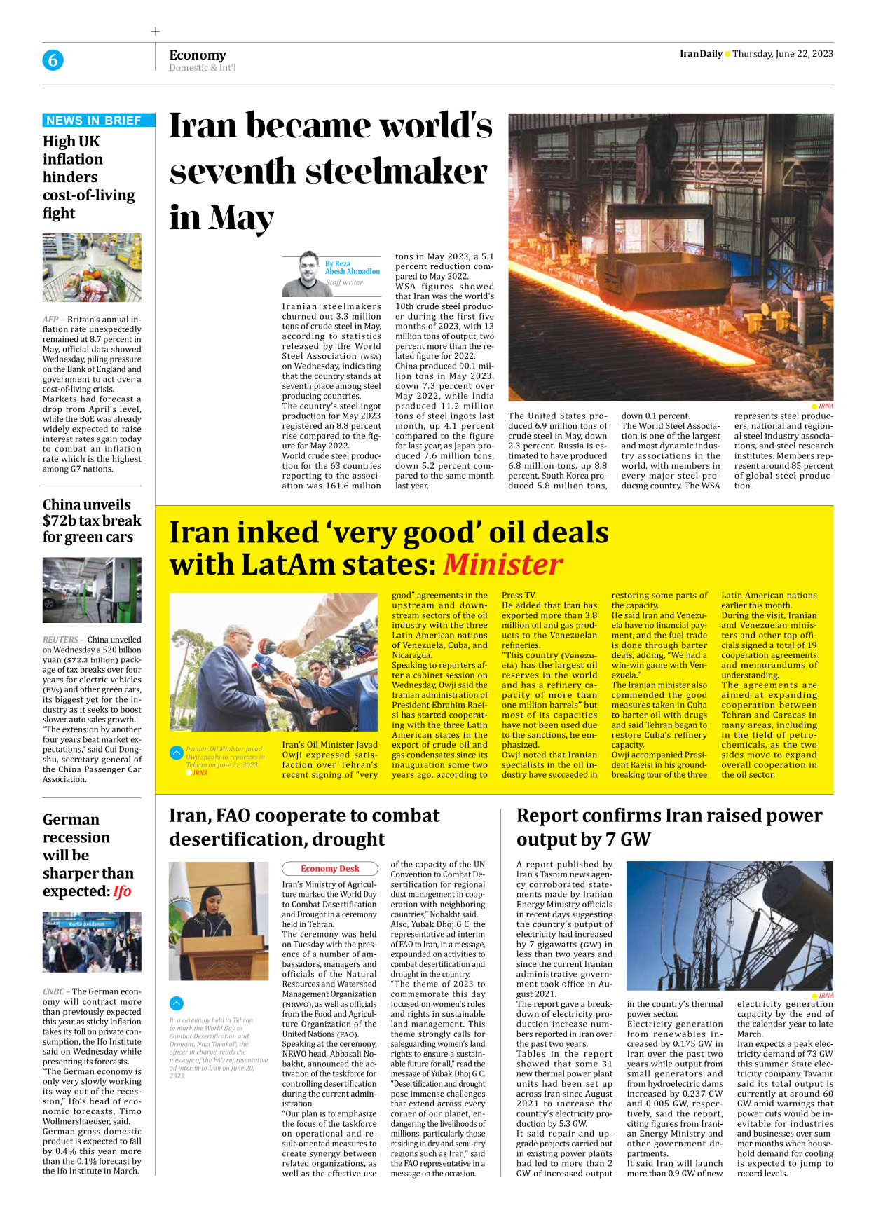 Iran Daily - Number Seven Thousand Three Hundred and Twenty One - 22 June 2023 - Page 6