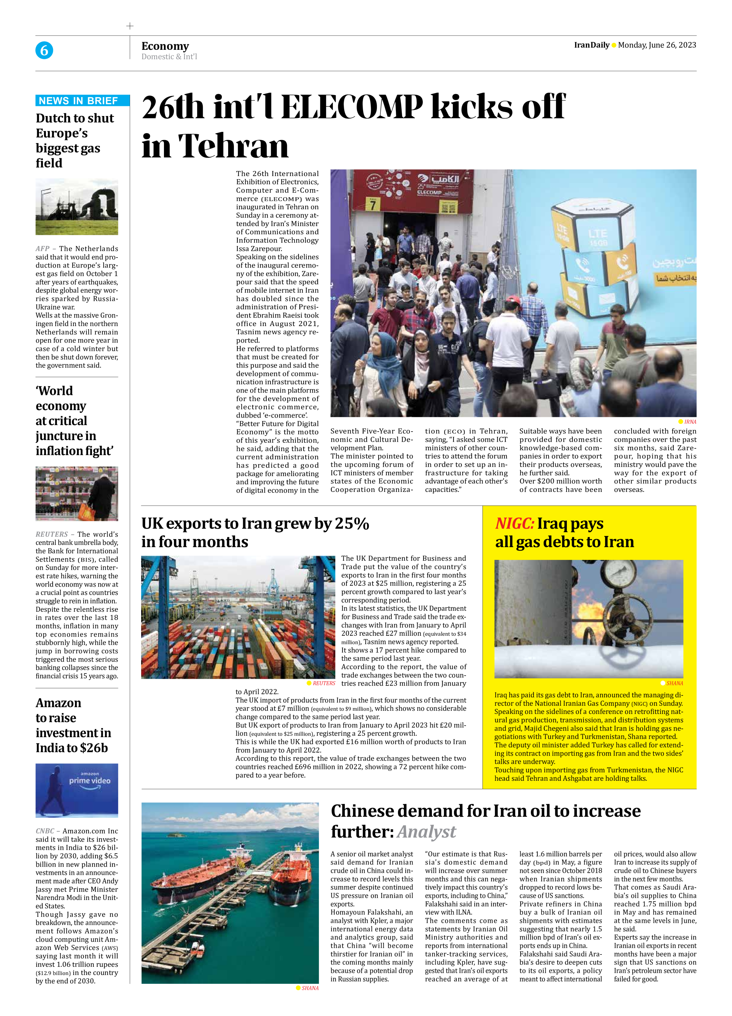 Iran Daily - Number Seven Thousand Three Hundred and Twenty Four - 26 June 2023 - Page 6