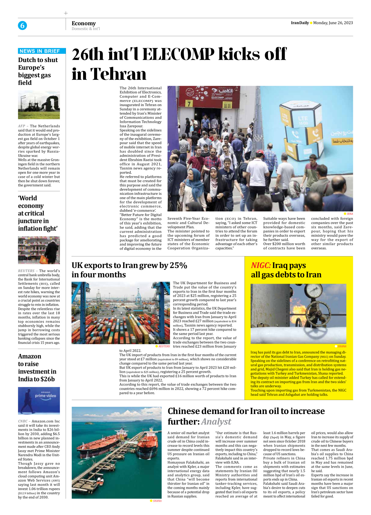 Iran Daily - Number Seven Thousand Three Hundred and Twenty Four - 26 June 2023 - Page 6