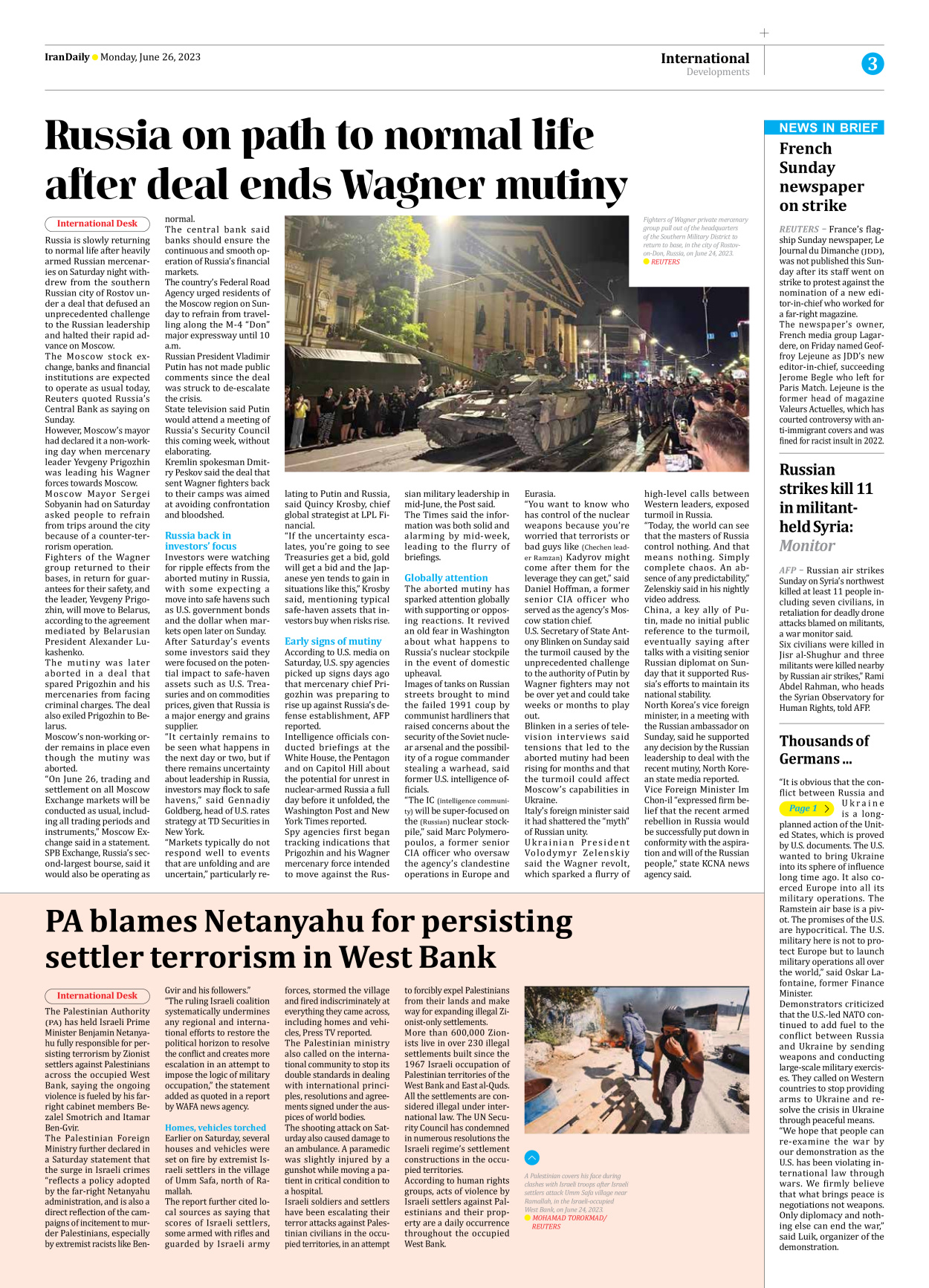 Iran Daily - Number Seven Thousand Three Hundred and Twenty Four - 26 June 2023 - Page 3