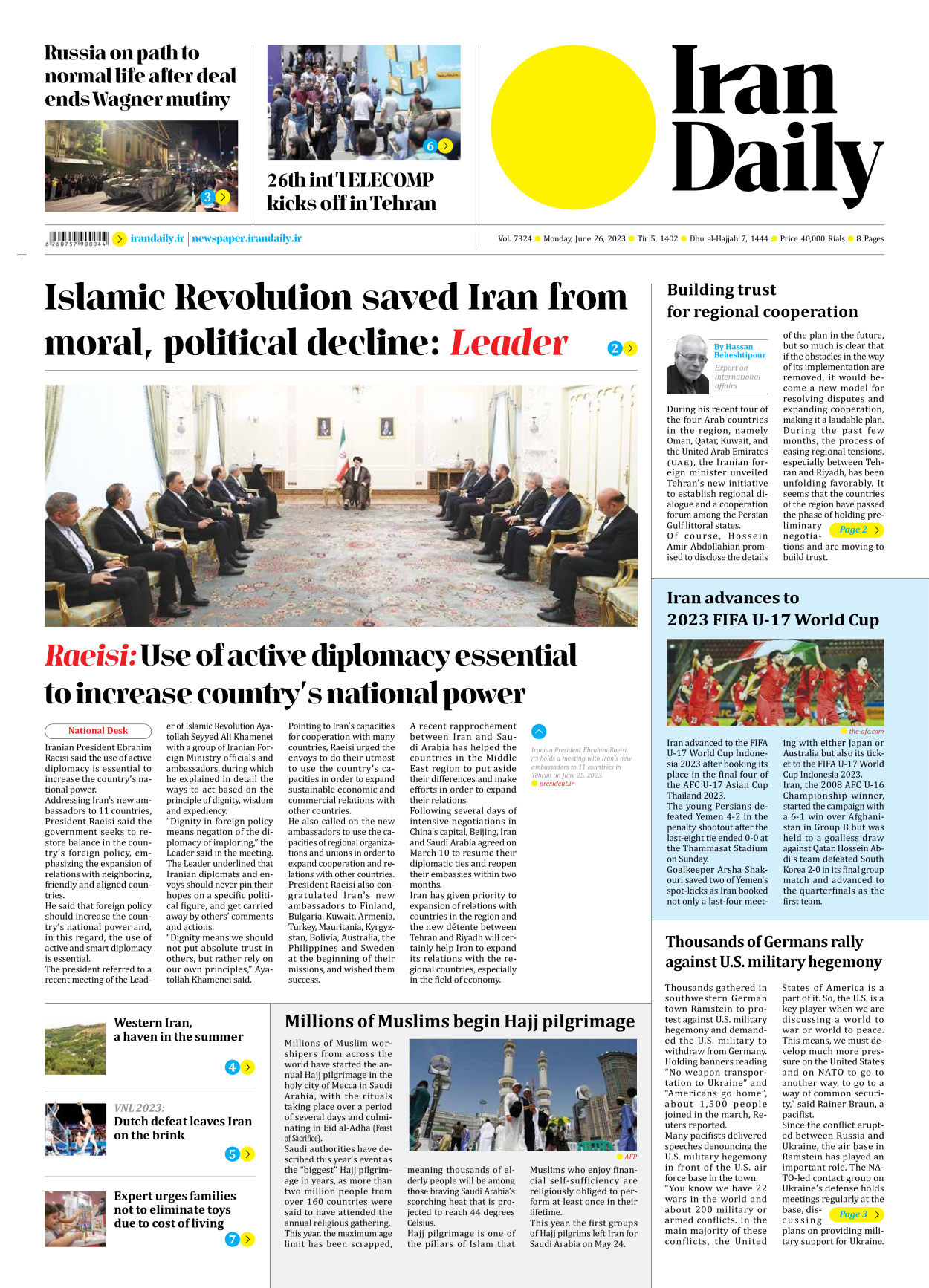 Iran Daily - Number Seven Thousand Three Hundred and Twenty Four - 26 June 2023 - Page 1
