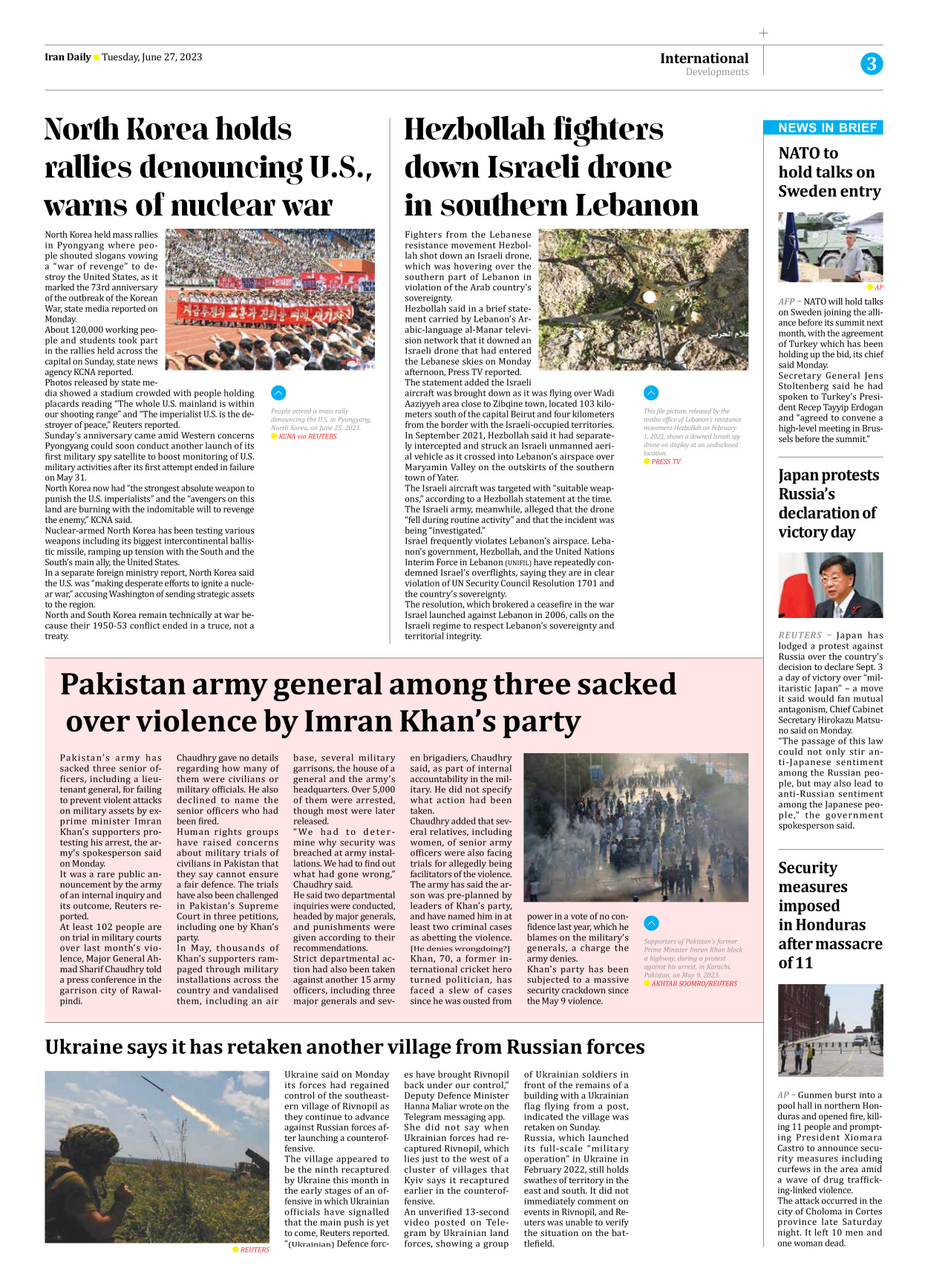 Iran Daily - Number Seven Thousand Three Hundred and Twenty Five - 27 June 2023 - Page 3