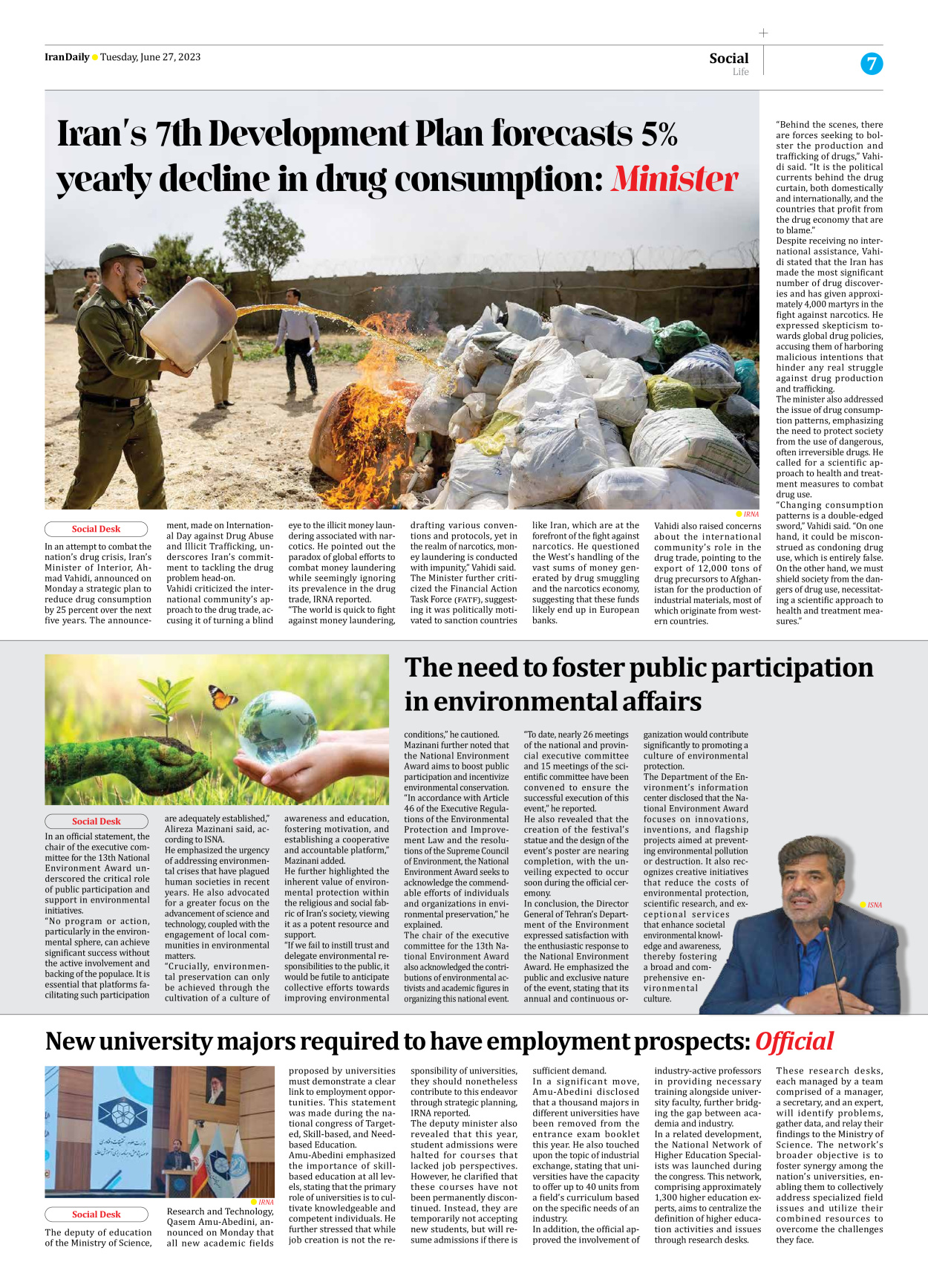 Iran Daily - Number Seven Thousand Three Hundred and Twenty Five - 27 June 2023 - Page 7