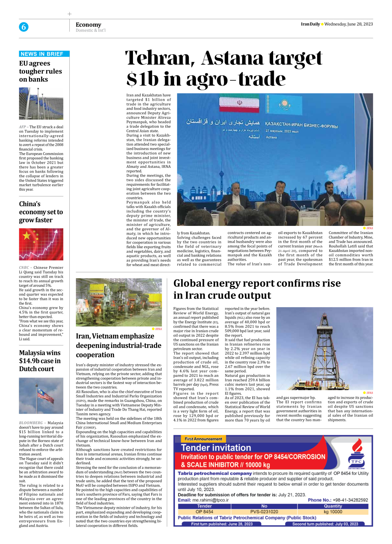 Iran Daily - Number Seven Thousand Three Hundred and Twenty Six - 28 June 2023 - Page 6