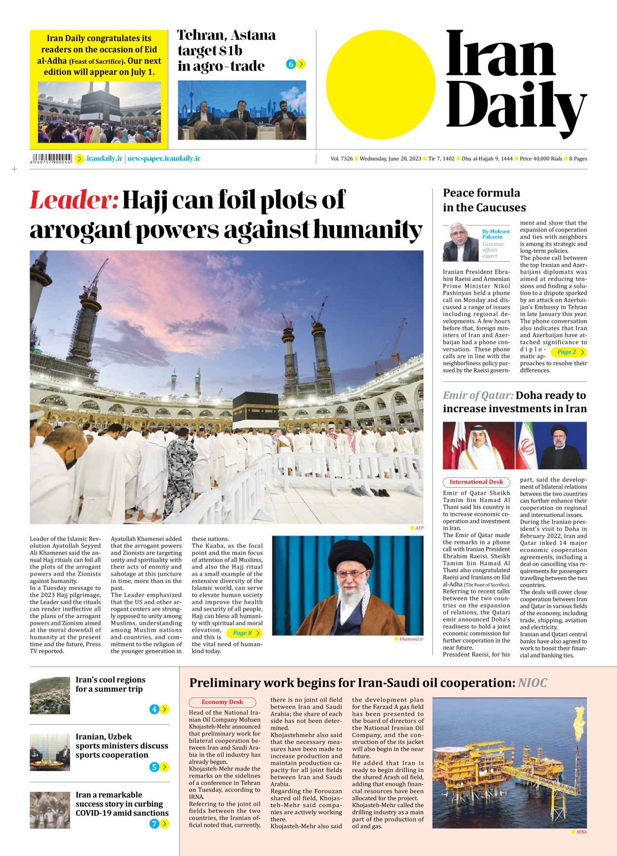 Iran Daily - Number Seven Thousand Three Hundred and Twenty Six - 28 June 2023 - Page 1